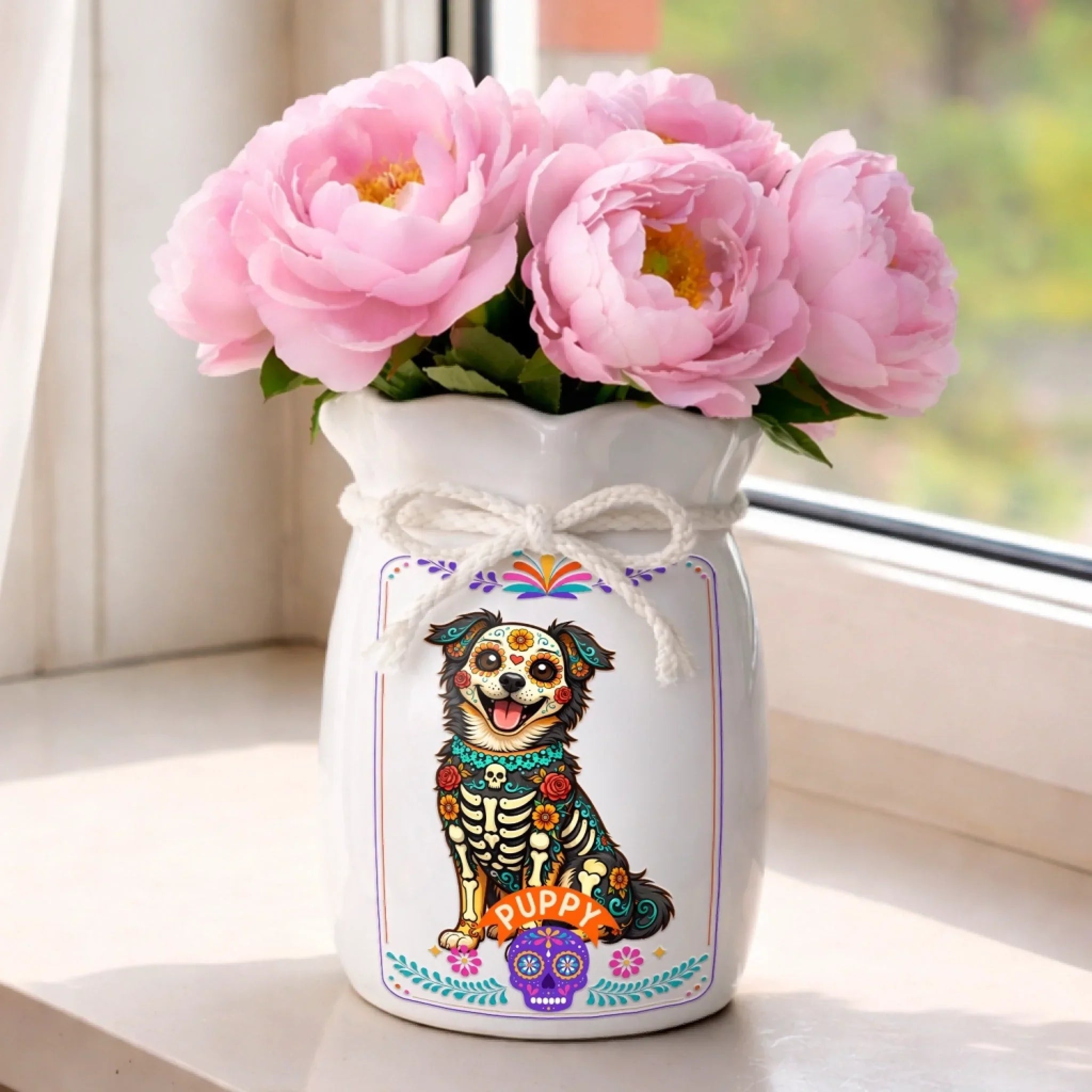 Custom Photo Day Of The Dead Flower Vase With Ribbon - Personalized Pet Memorial Sympathy Gifts For Dogs, Cats - Your Light Will Never Fade