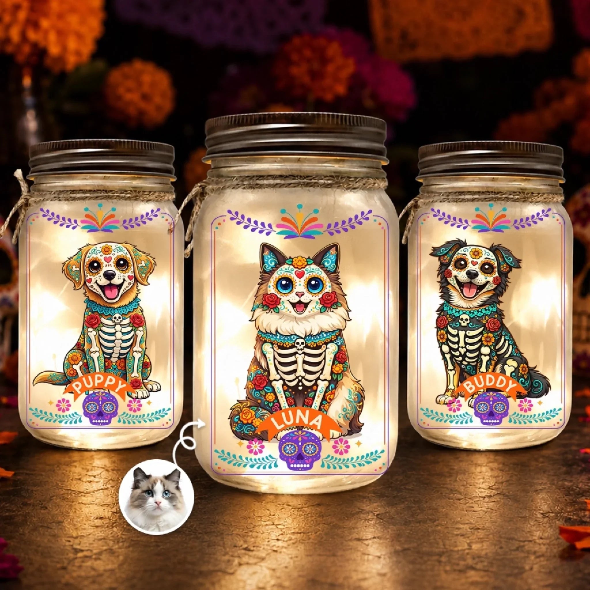 Custom Photo Day Of The Dead Mason Jar Light - Personalized Pet Memorial Sympathy Gifts For Dogs, Cats - My Spirit Guide My Best Friend
