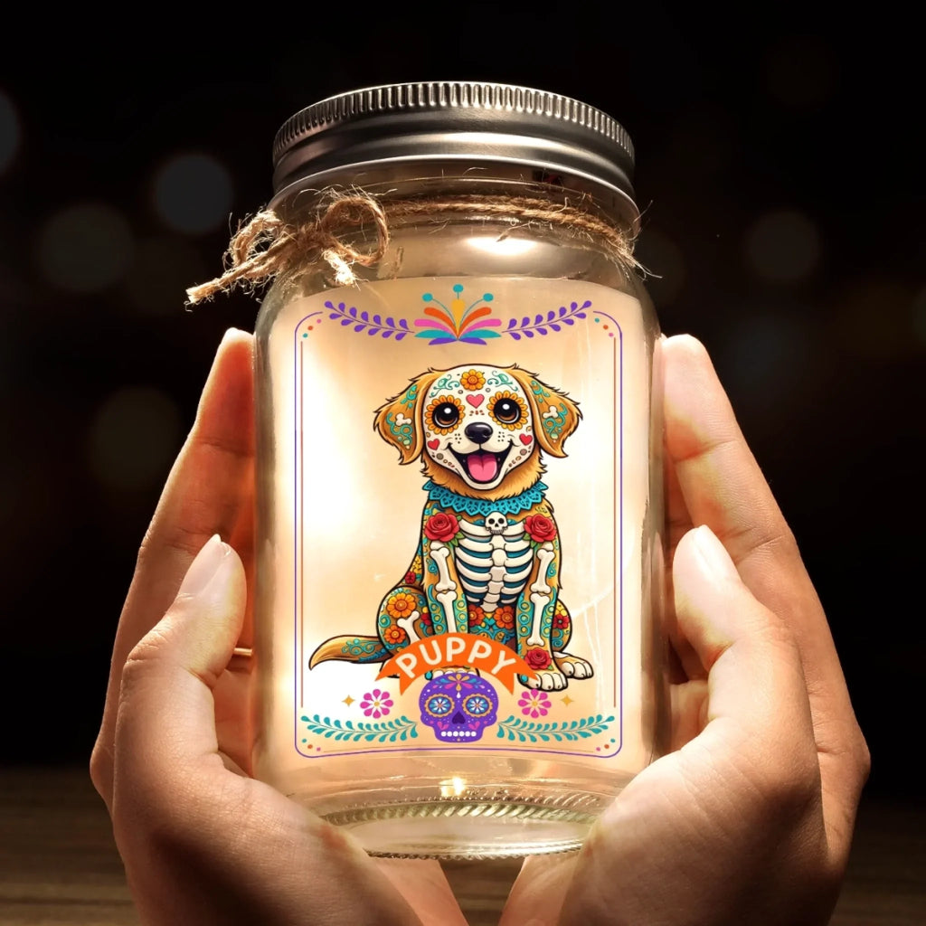 Custom Photo Day Of The Dead Mason Jar Light - Personalized Pet Memorial Sympathy Gifts For Dogs, Cats - My Spirit Guide My Best Friend