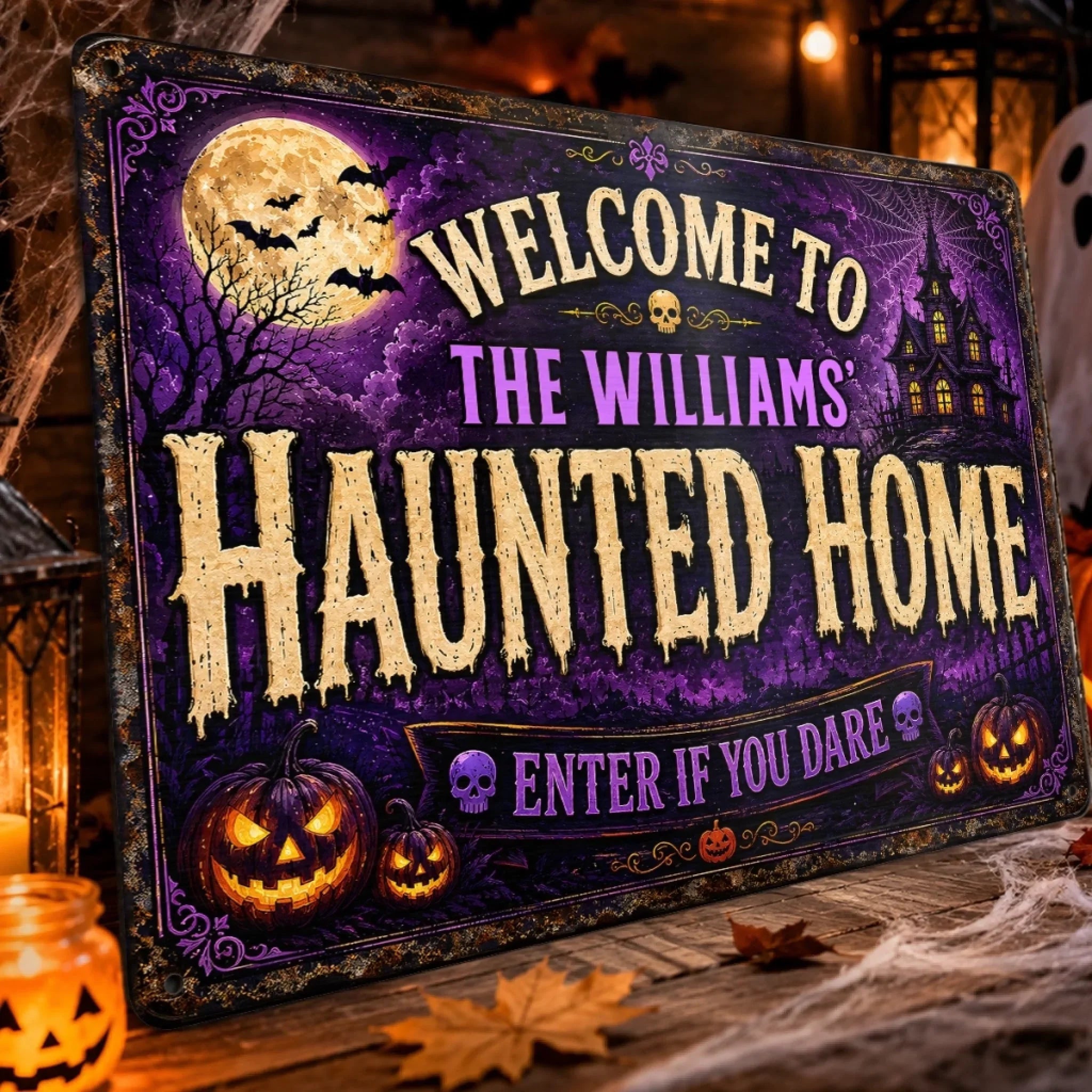 Custom Haunted Home Decor Metal Sign - Personalized Halloween Birthday Gifts For For Mom, Dad, Brother, Sister - Monsters Welcome, Humans Beware