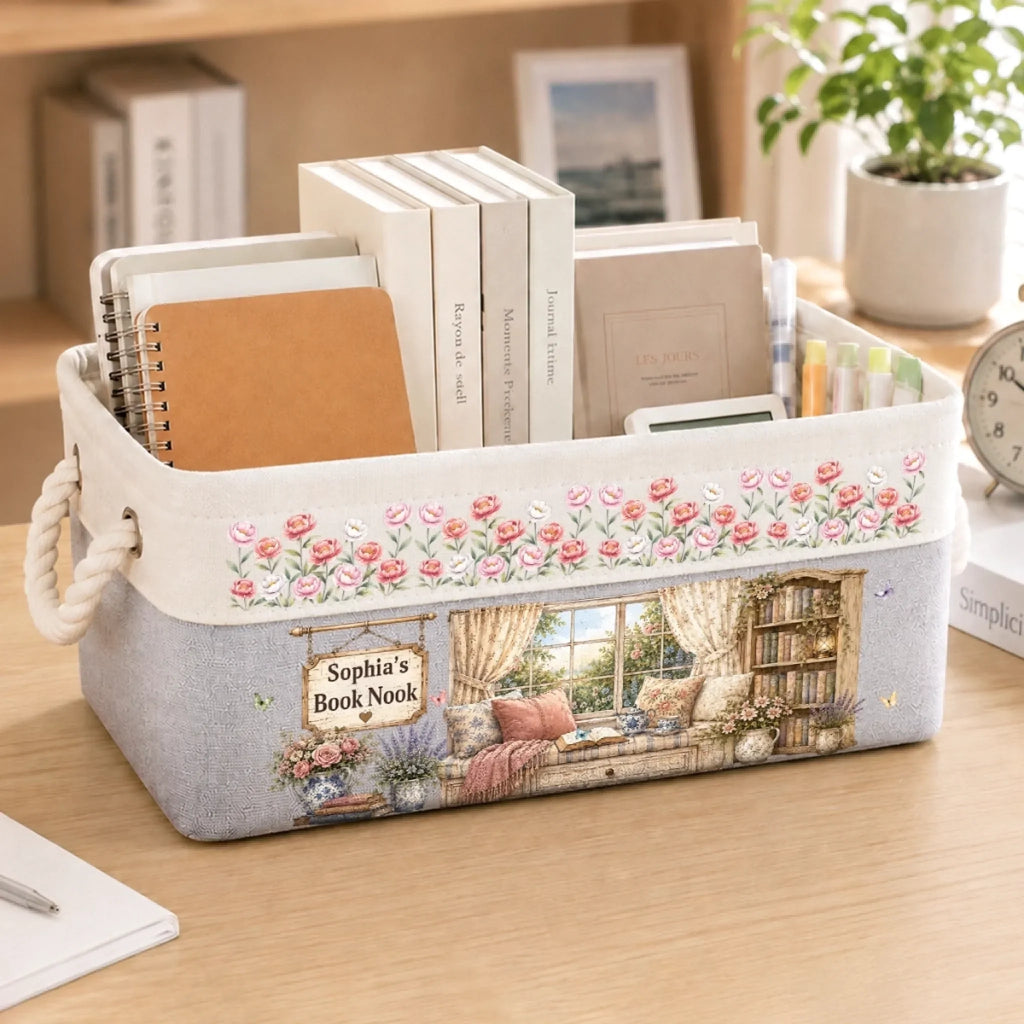 Custom Storage Basket - Personalized Bookish Gifts For Book Lovers, Bookworms, Readers - Where Peonies And Books Greet You