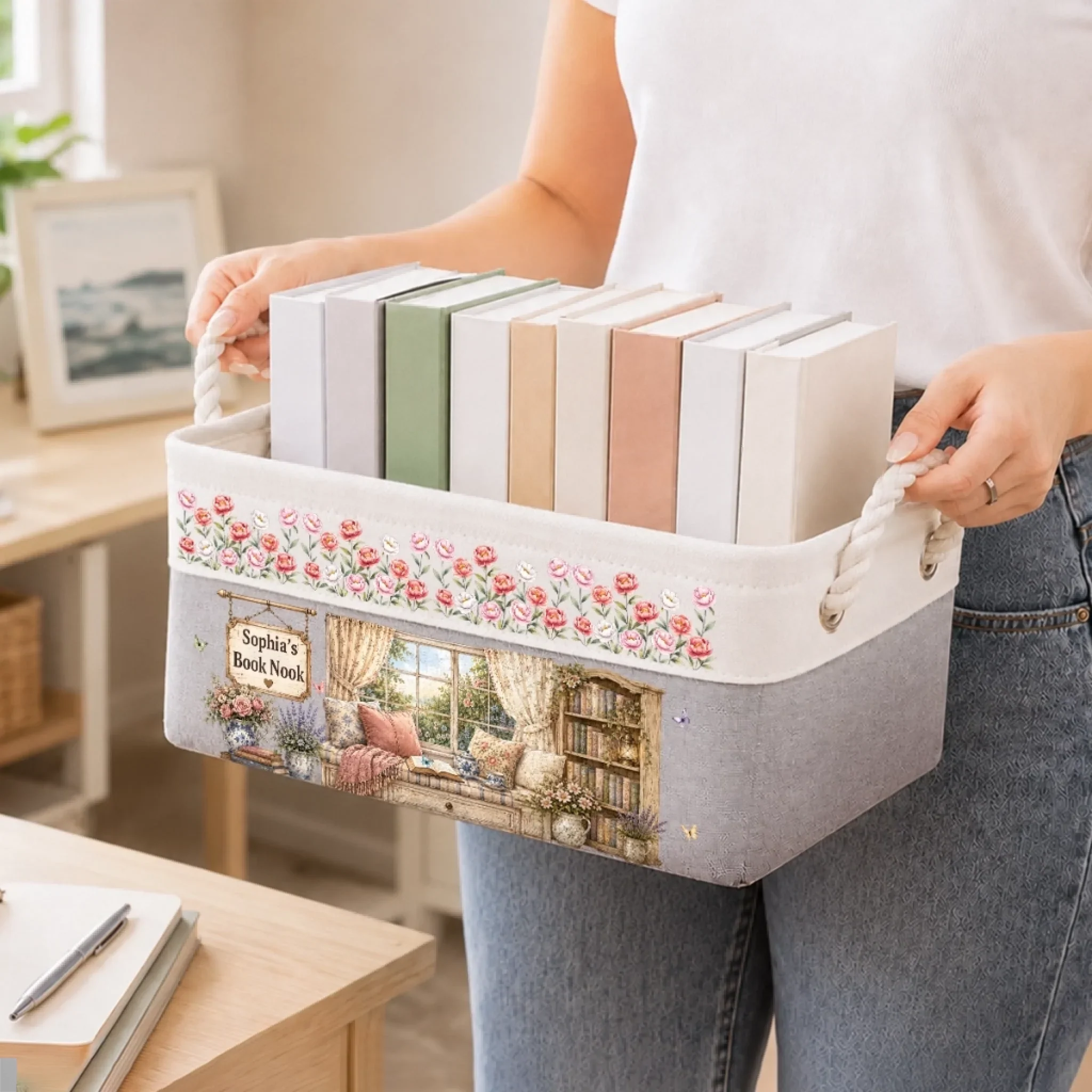 Custom Storage Basket - Personalized Bookish Gifts For Book Lovers, Bookworms, Readers - Where Peonies And Books Greet You