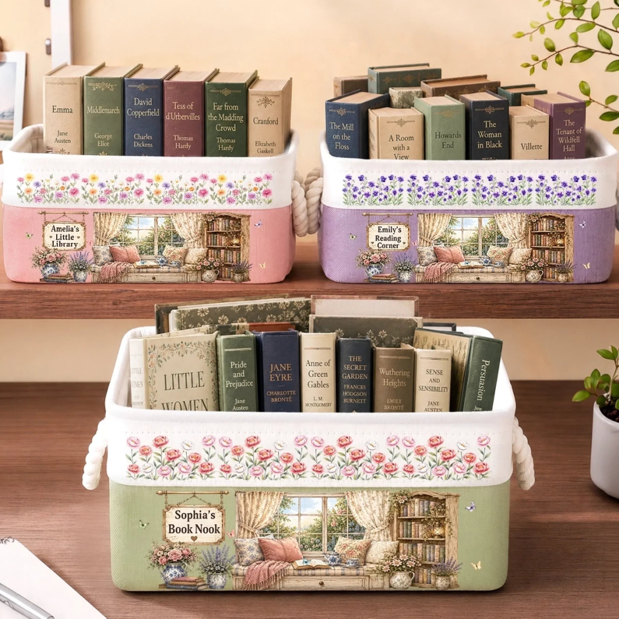 Custom Storage Basket - Personalized Bookish Gifts For Book Lovers, Bookworms, Readers - Where Peonies And Books Greet You