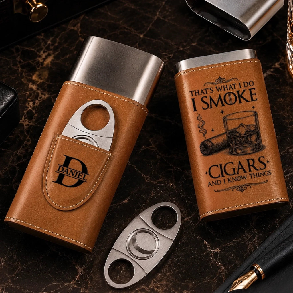 Custom Cigar Leather Case With Cutter - Personalized Birthday Gifts For Husband, Son, Grandson, Brother, Grandpa, Dad, Yourself - Smoke Slow Live Well