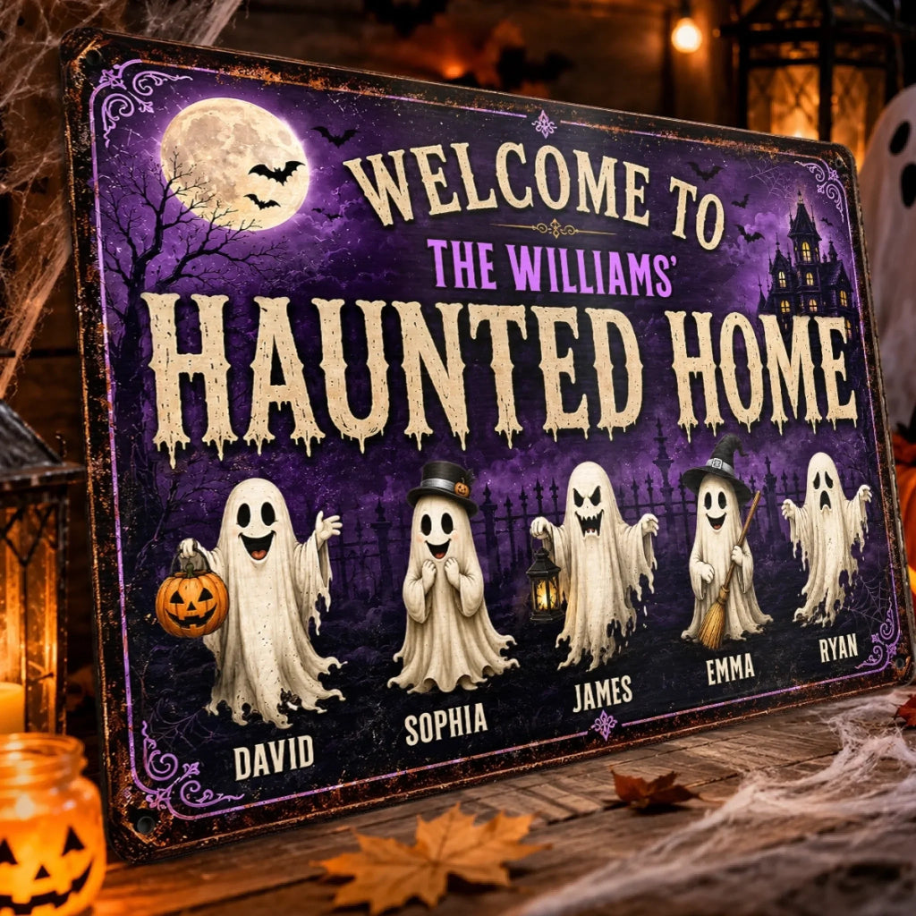 Custom Ghost Home Decor Metal Sign - Personalized Halloween Birthday Gifts For For Mom, Dad, Brother, Sister - Ghosts Live Here Full Time