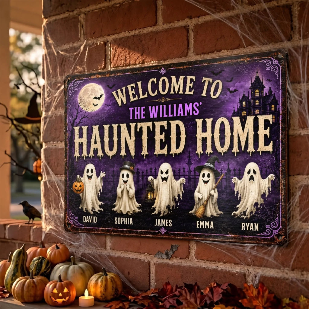 Custom Ghost Home Decor Metal Sign - Personalized Halloween Birthday Gifts For For Mom, Dad, Brother, Sister - Ghosts Live Here Full Time
