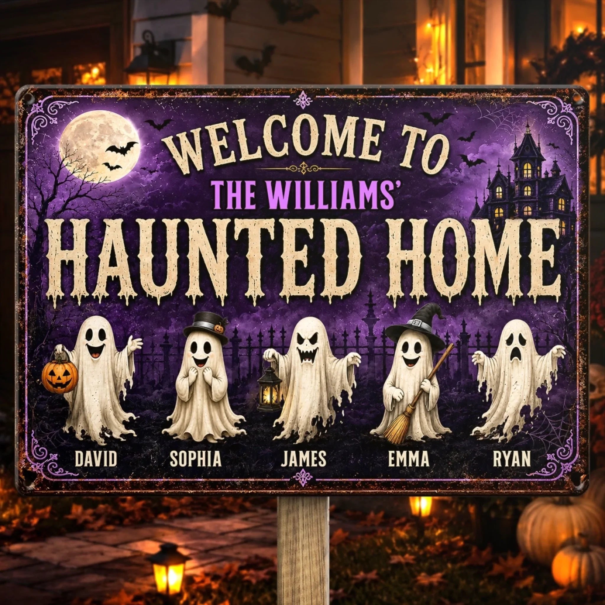 Custom Ghost Home Decor Metal Sign - Personalized Halloween Birthday Gifts For For Mom, Dad, Brother, Sister - Ghosts Live Here Full Time