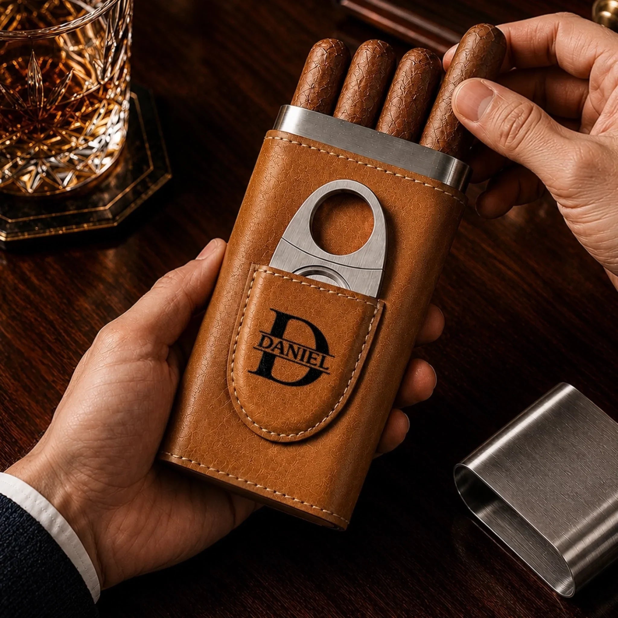 Custom Cigar Leather Case With Cutter - Personalized Birthday Gifts For Husband, Son, Grandson, Brother, Grandpa, Dad, Yourself - Good Cigars Great Days