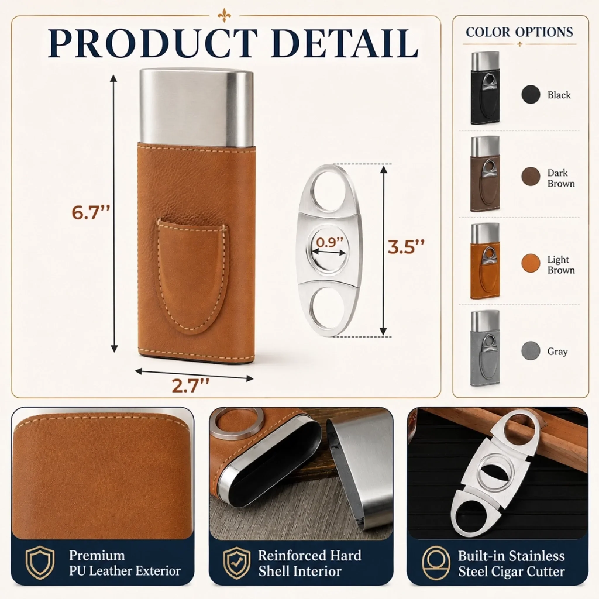 Custom Cigar Leather Case With Cutter - Personalized Birthday Gifts For Husband, Son, Grandson, Brother, Grandpa, Dad, Yourself - Good Cigars Great Days