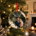 Custom Photo First Christmas Round Glass Ornament - Personalized Anniversary Christmas Wedding Gifts For Husband And Wife, Him And Her - Wrapped In Love This Christmas