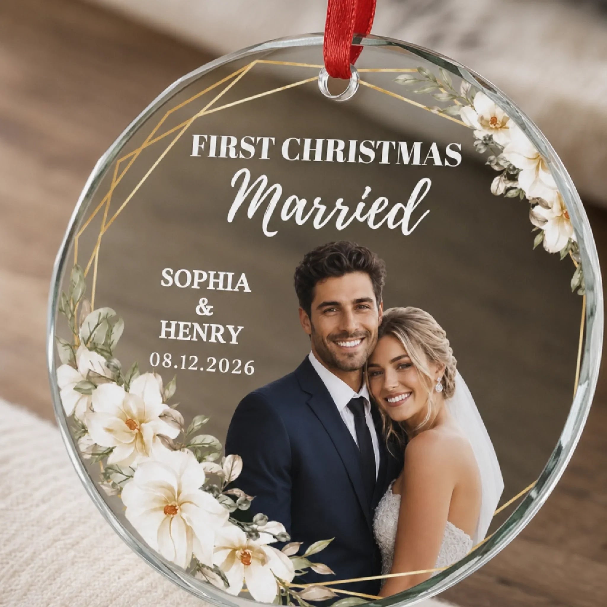 Custom Photo First Christmas Round Glass Ornament - Personalized Anniversary Christmas Wedding Gifts For Husband And Wife, Him And Her - Wrapped In Love This Christmas