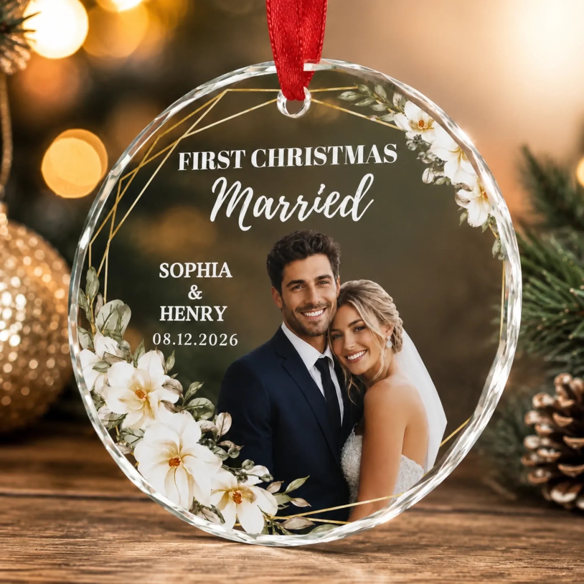 Custom Photo First Christmas Round Glass Ornament - Personalized Anniversary Christmas Wedding Gifts For Husband And Wife, Him And Her - Wrapped In Love This Christmas