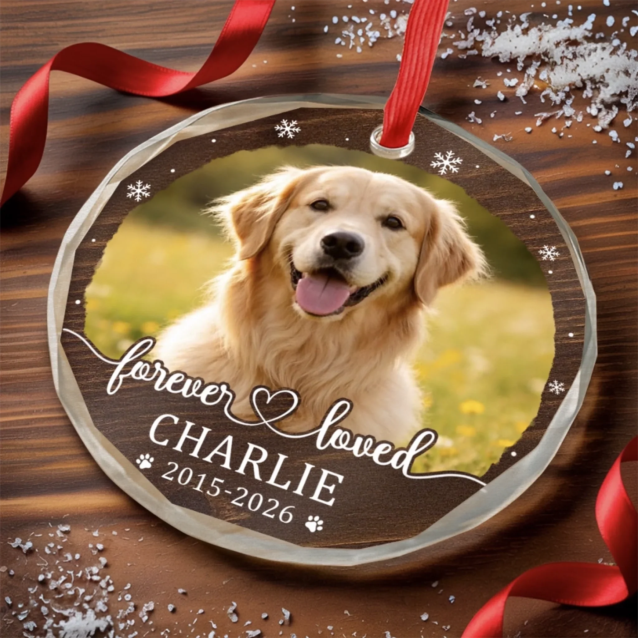 Custom Photo Circle Glass Ornament - Personalized Pet Christmas Memorial Sympathy Gifts For Dogs, Cats - Paw Prints Stay Forever