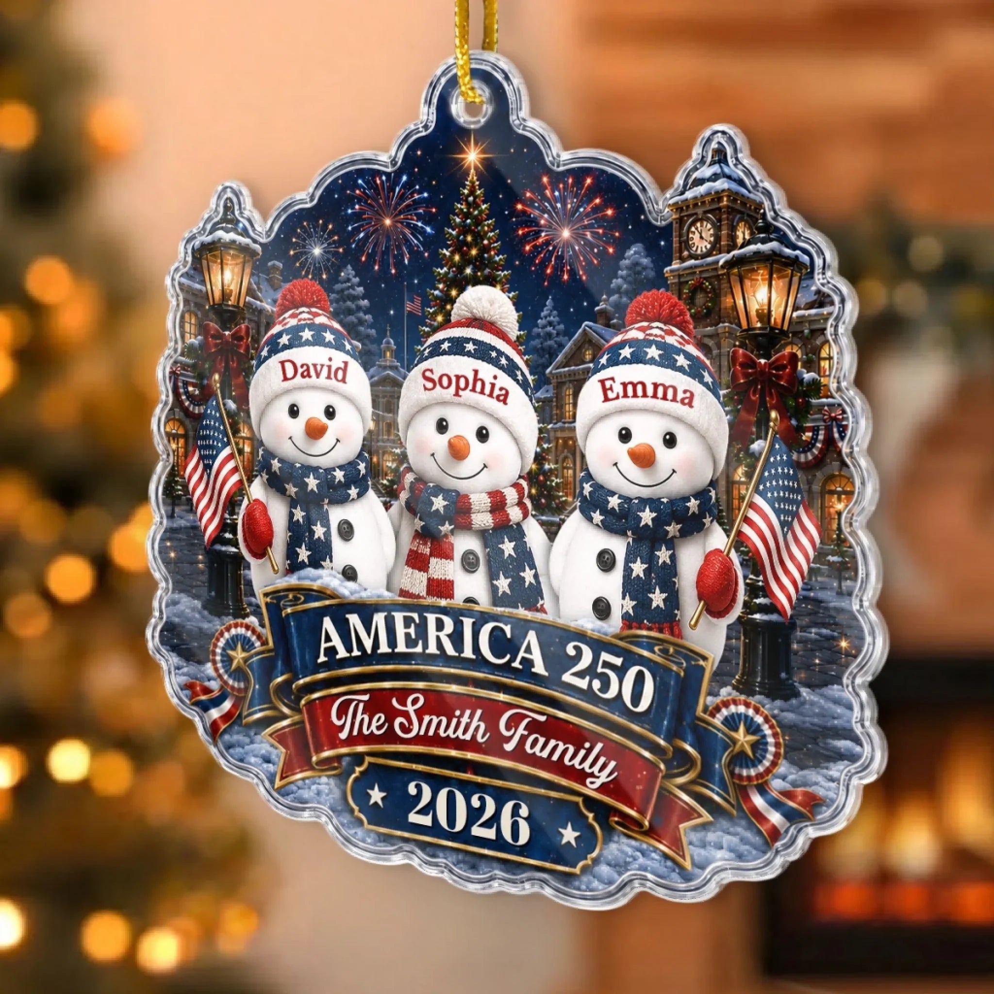 Custom Acrylic Ornament - Personalized America 250th Anniversary Christmas Gifts For Mom, Dad, Brother, Sister - Walking In A Patriotic Wonderland