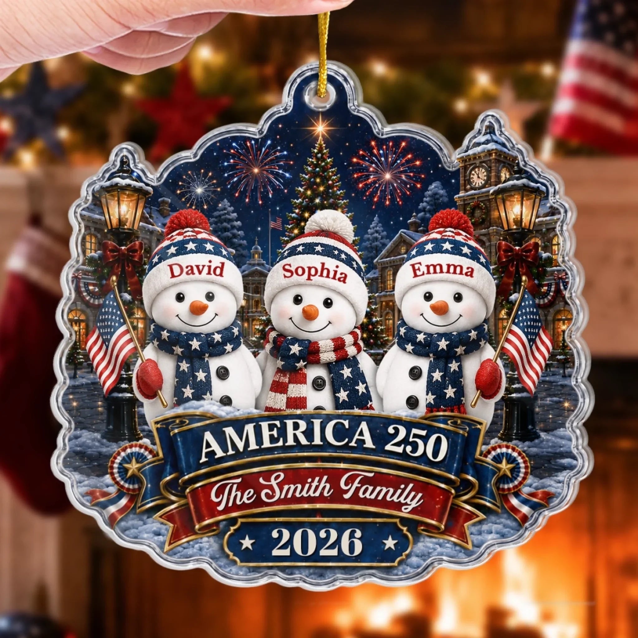 Custom Acrylic Ornament - Personalized America 250th Anniversary Christmas Gifts For Mom, Dad, Brother, Sister - Walking In A Patriotic Wonderland