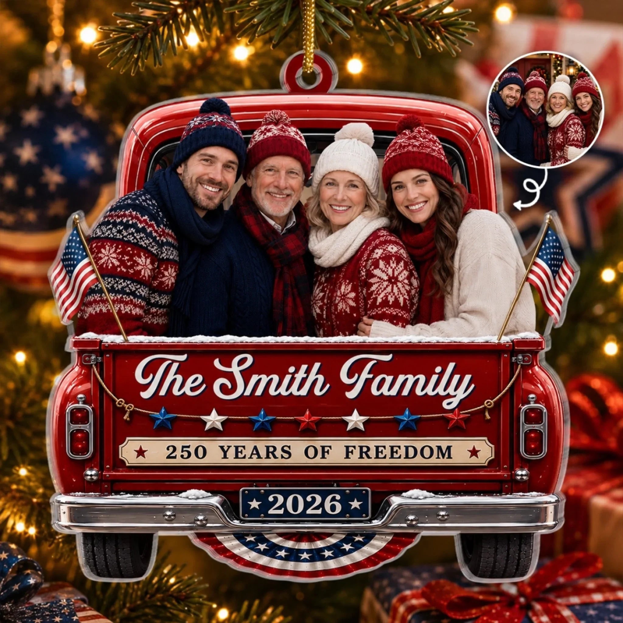 Custom Photo Acrylic Ornament - Personalized America 250th Anniversary Christmas Gifts For Mom, Dad, Brother, Sister - Stars Stripes And Christmas