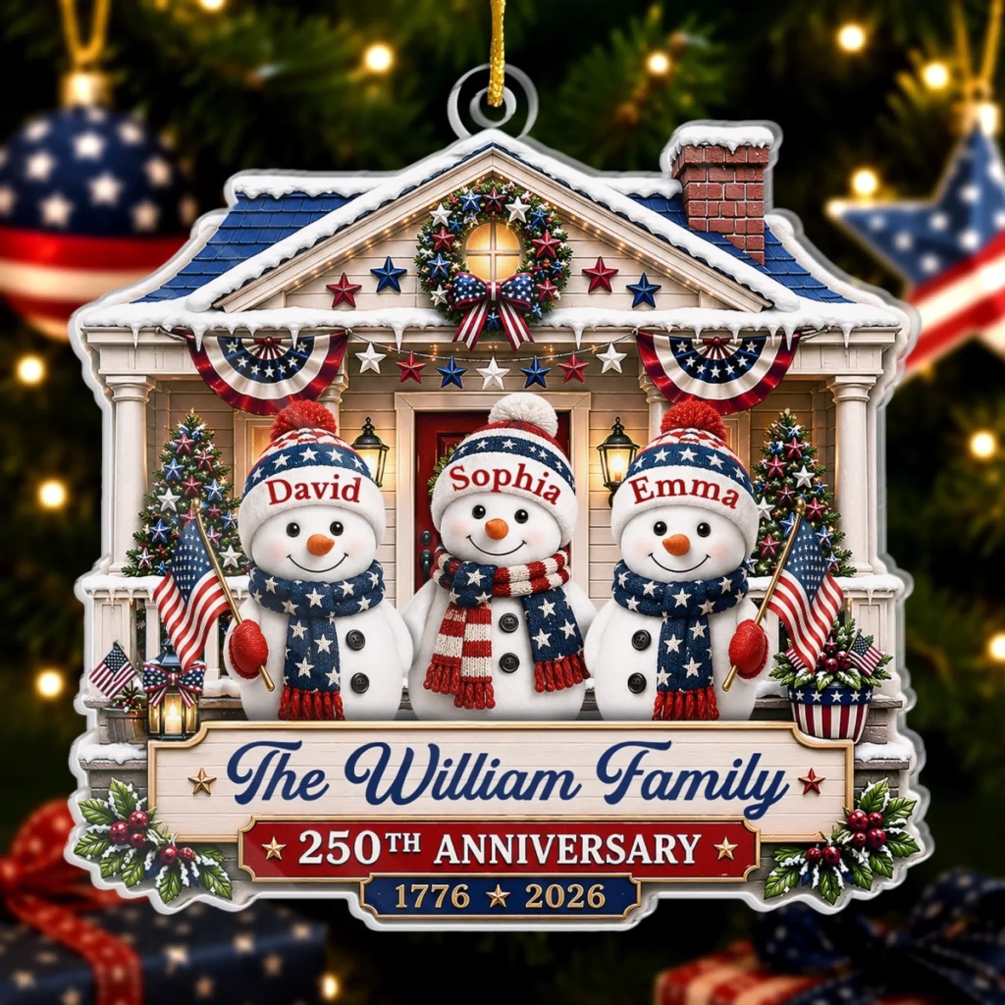 Custom Acrylic Ornament - Personalized America 250th Anniversary Christmas Gifts For Mom, Dad, Brother, Sister - Warm Hearts Patriotic Christmas