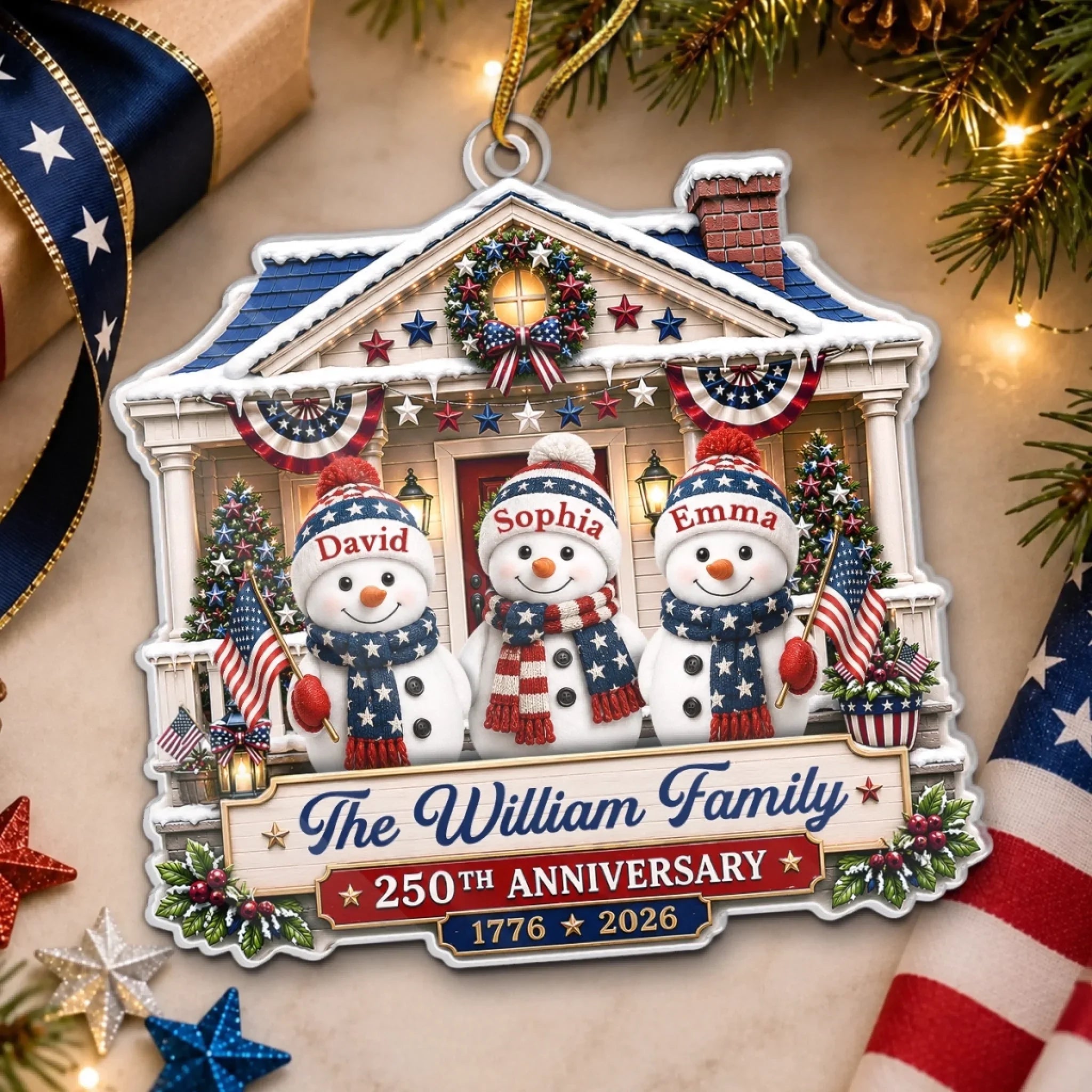 Custom Acrylic Ornament - Personalized America 250th Anniversary Christmas Gifts For Mom, Dad, Brother, Sister - Warm Hearts Patriotic Christmas