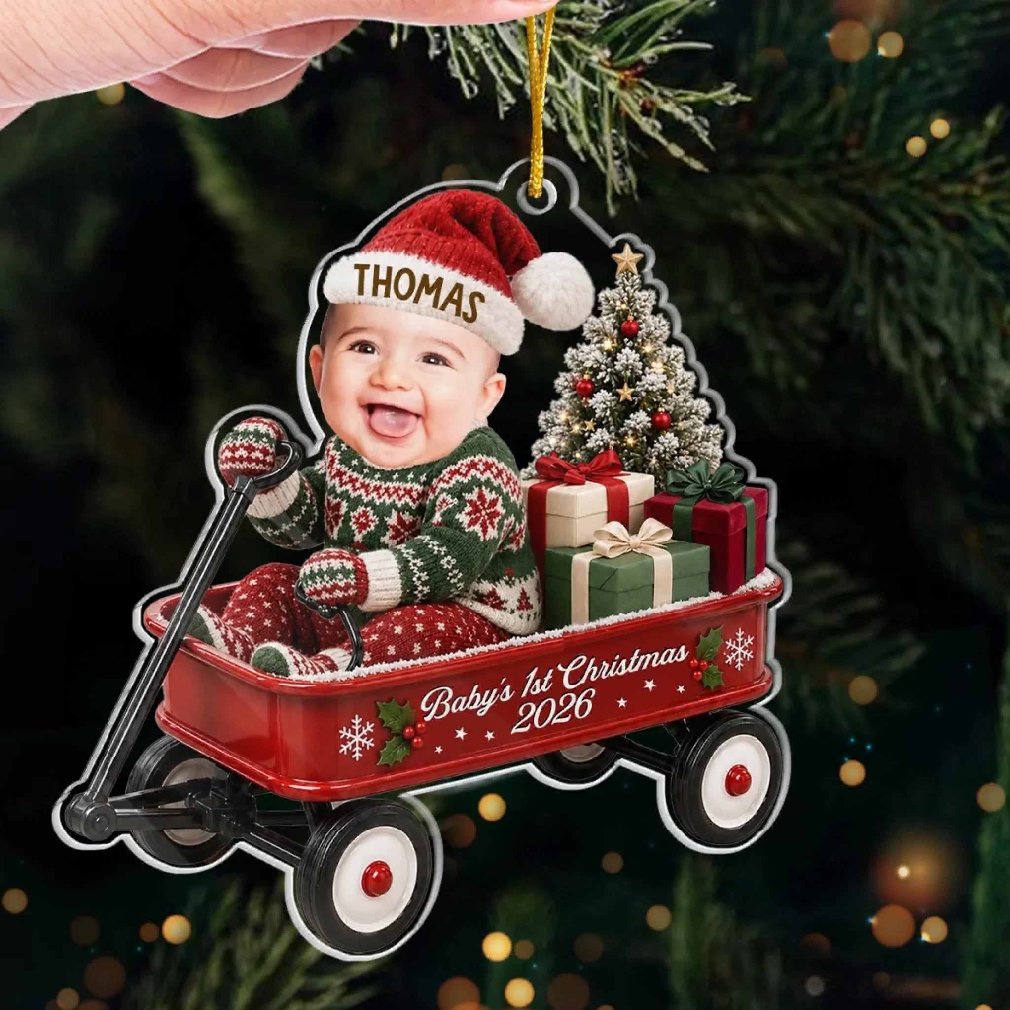 Custom Photo First Christmas Acrylic Ornament - Personalized Christmas Baby Shower, Gender Reveal Gifts For New Moms, New Dads, New Parents - A Wagon Full Of Pure Happiness