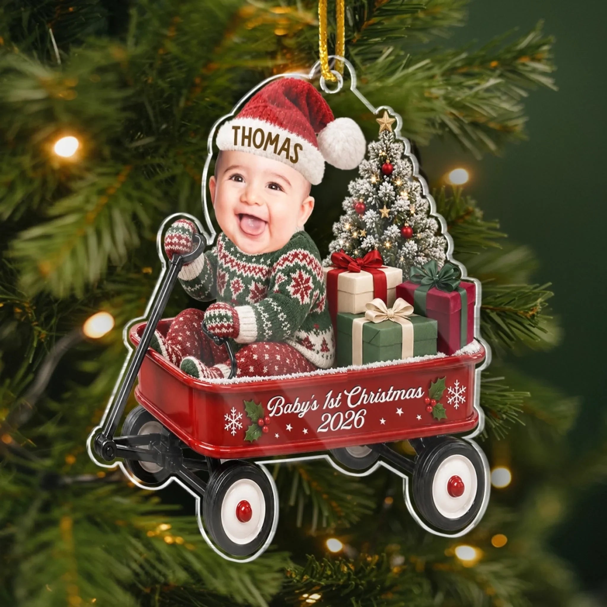 Custom Photo First Christmas Acrylic Ornament - Personalized Christmas Baby Shower, Gender Reveal Gifts For New Moms, New Dads, New Parents - A Wagon Full Of Pure Happiness