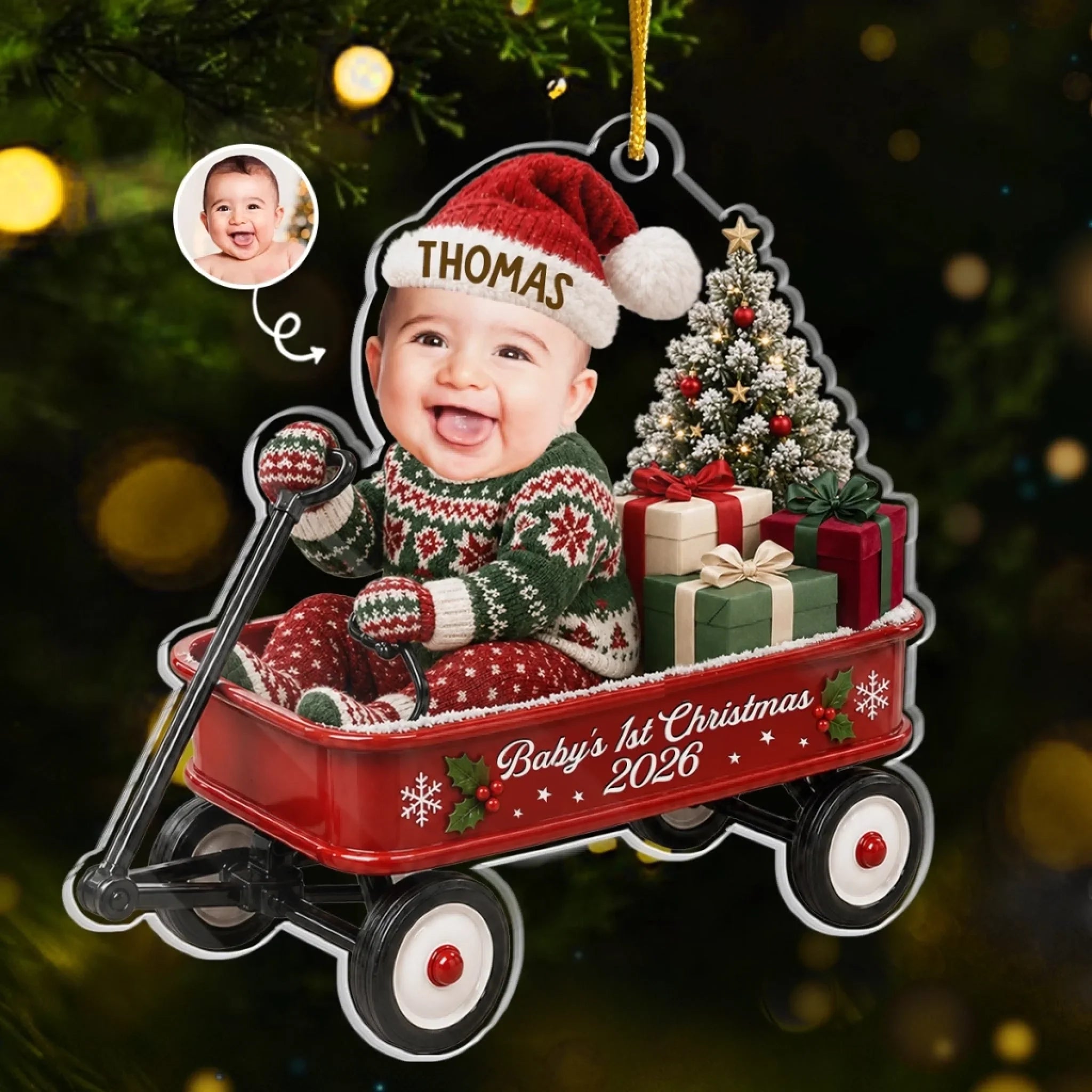 Custom Photo First Christmas Acrylic Ornament - Personalized Christmas Baby Shower, Gender Reveal Gifts For New Moms, New Dads, New Parents - A Wagon Full Of Pure Happiness
