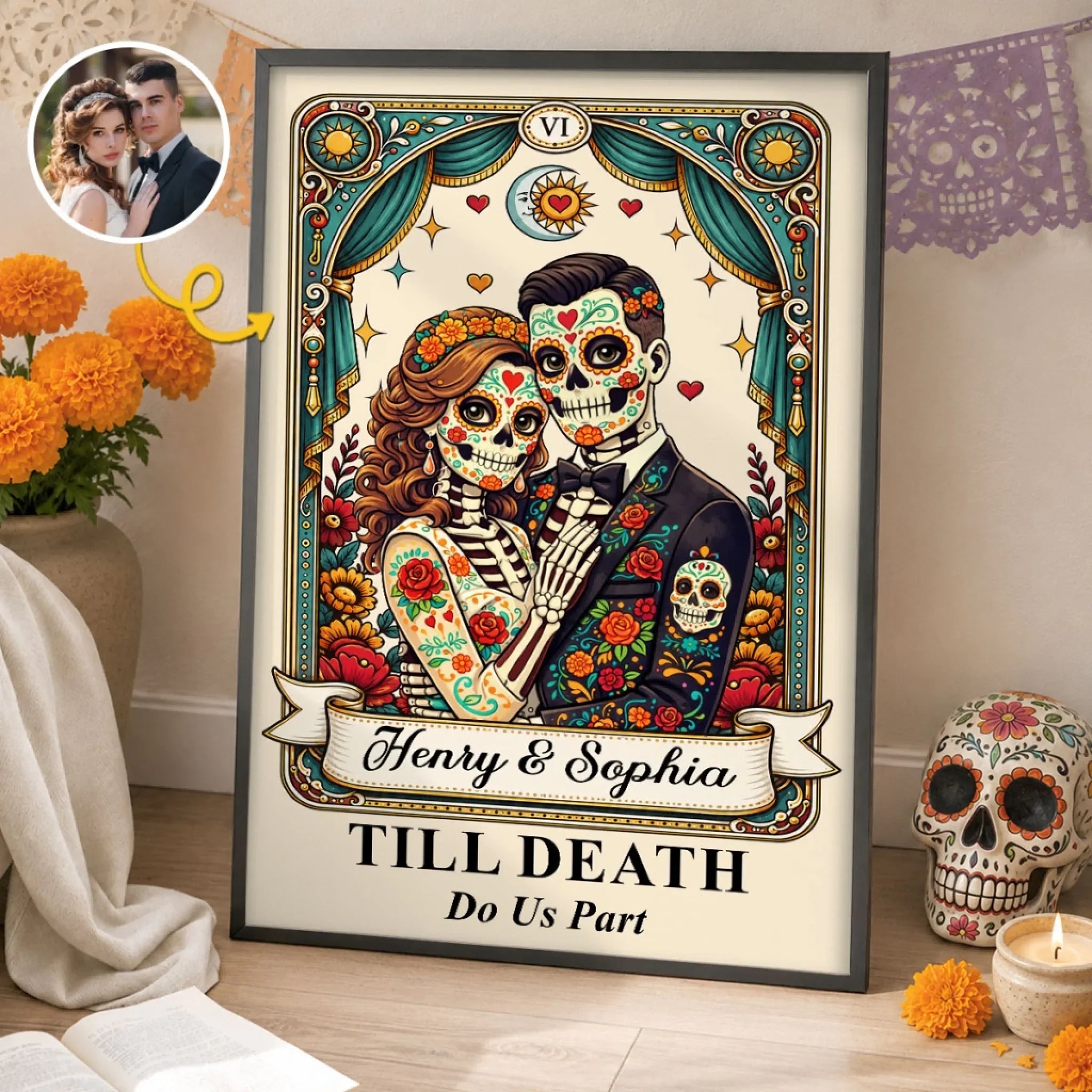 Custom Photo Day Of The Dead Vertical Poster - Personalized Anniversary Wedding Gifts For Husband And Wife, Him And Her - Till Death Do Us Part
