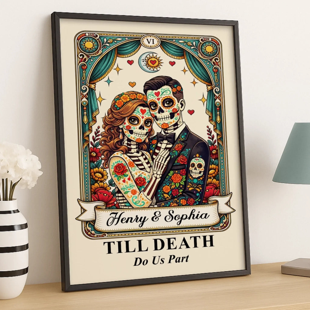 Custom Photo Day Of The Dead Vertical Poster - Personalized Anniversary Wedding Gifts For Husband And Wife, Him And Her - Till Death Do Us Part