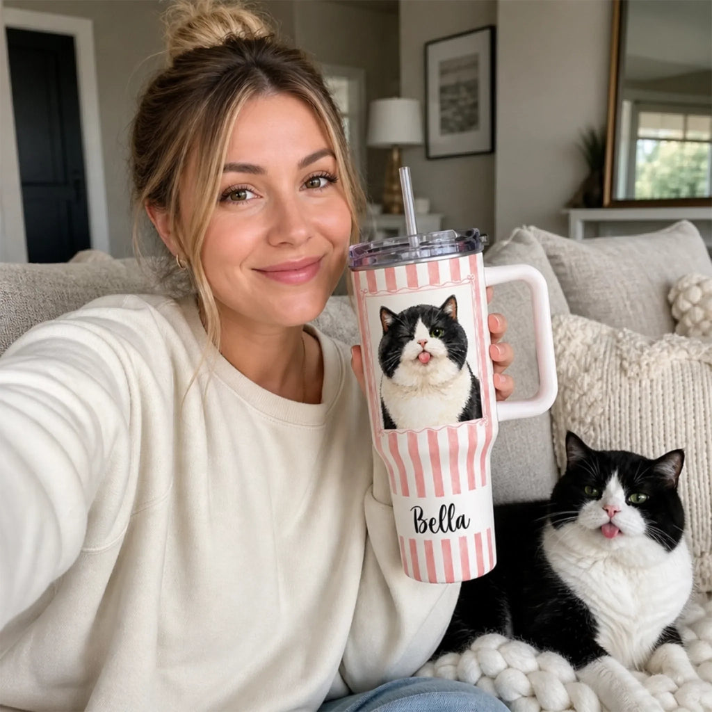 Custom Photo 40 Oz Stainless Steel Tumbler With Handle - Personalized Birthday Gifts For Dog Cat Lovers, Dog Dad And Mom, Cat Owners - Good Drinks, Happy Paws
