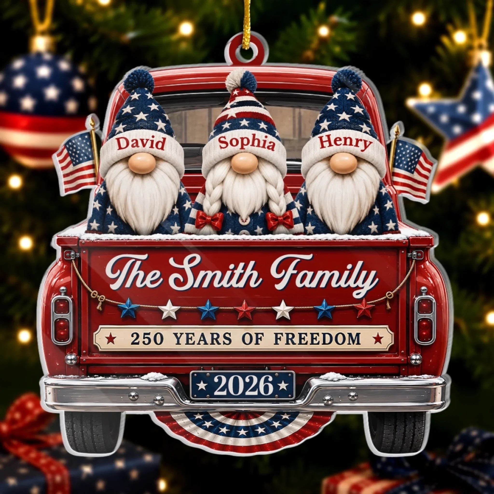 Custom Acrylic Ornament - Personalized America 250th Anniversary Christmas Gifts For Mom, Dad, Brother, Sister - Driving Home Freedom And Family Love