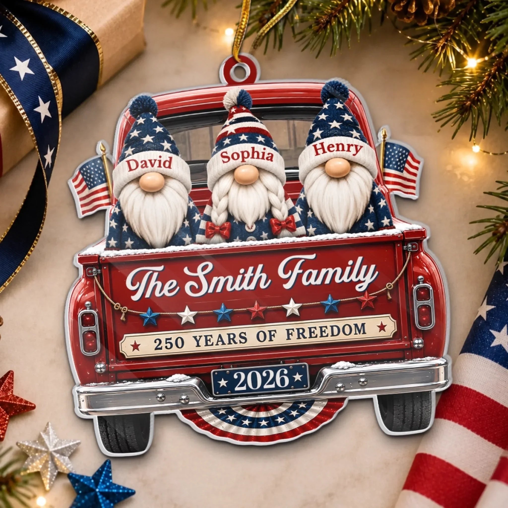 Custom Acrylic Ornament - Personalized America 250th Anniversary Christmas Gifts For Mom, Dad, Brother, Sister - Driving Home Freedom And Family Love