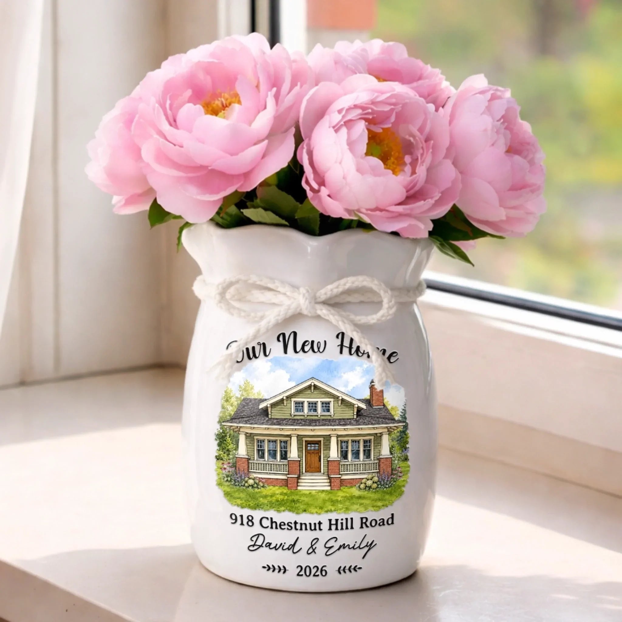 Custom Photo New Home Flower Vase With Ribbon - Personalized Anniversary Christmas Wedding Gifts For Husband And Wife, Him And Her - Love Lives Here