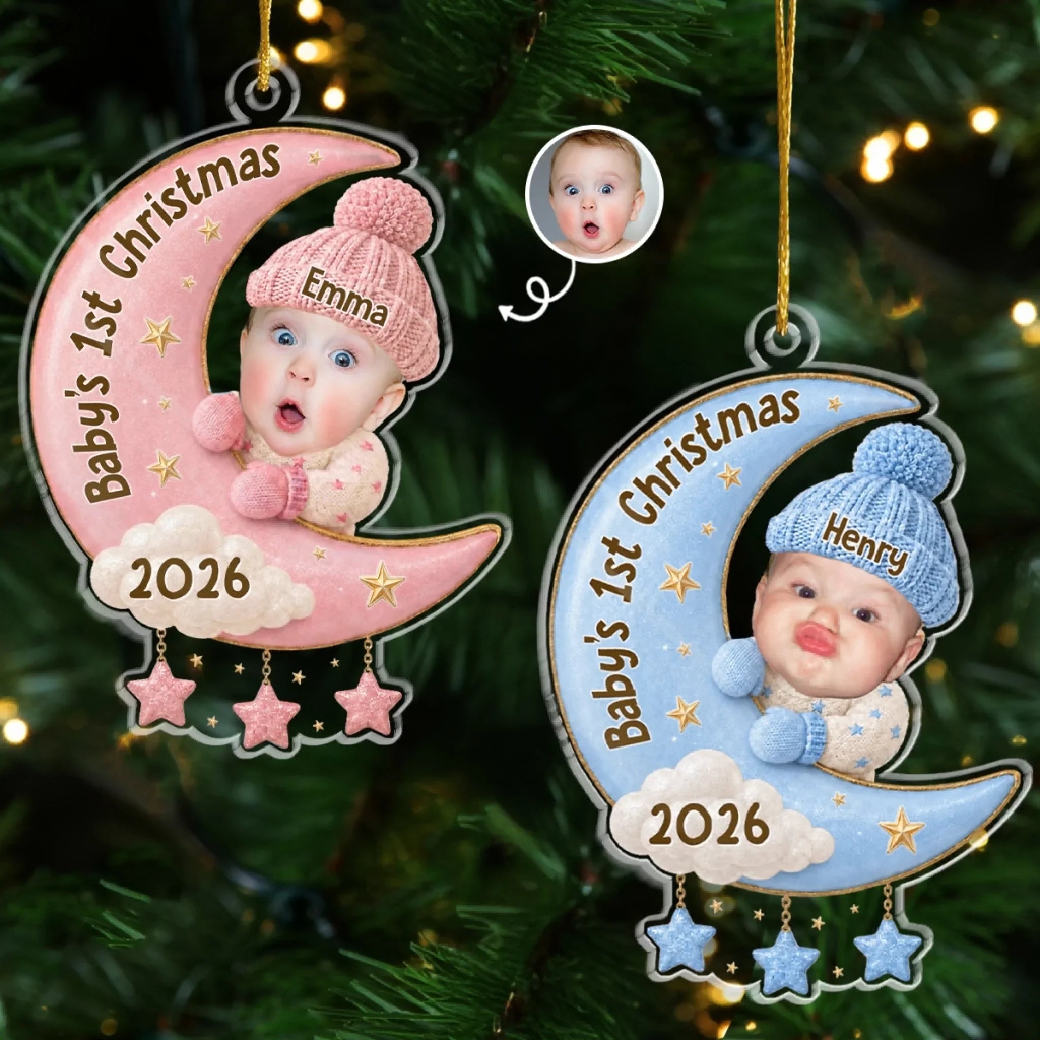 Custom Photo First Christmas Acrylic Ornament - Personalized Christmas Baby Shower, Gender Reveal Gifts For New Moms, New Dads, New Parents - Our Sweetest Dream Come True