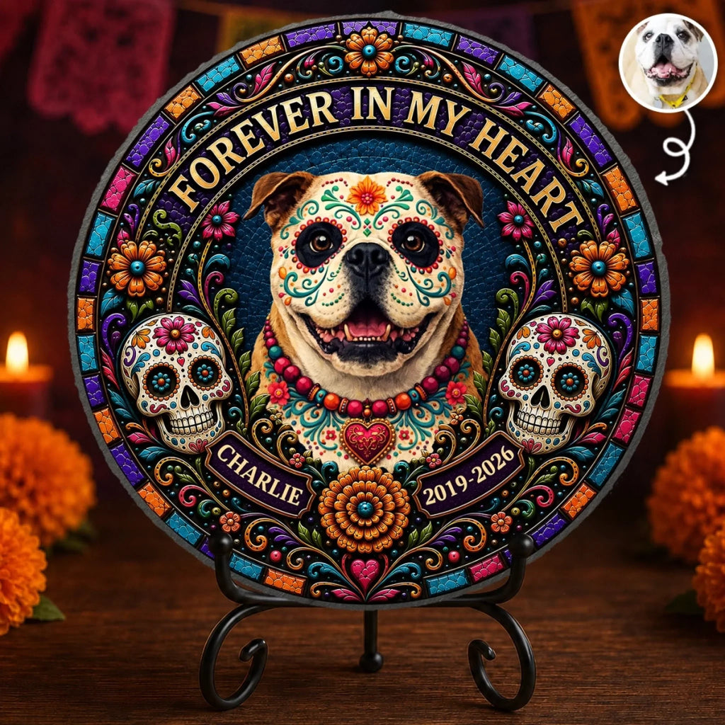 Custom Photo Day Of The Dead Round Shaped Stone With Stand - Personalized Pet Memorial Sympathy Gifts For Dogs, Cats - Forever My Angel Pup