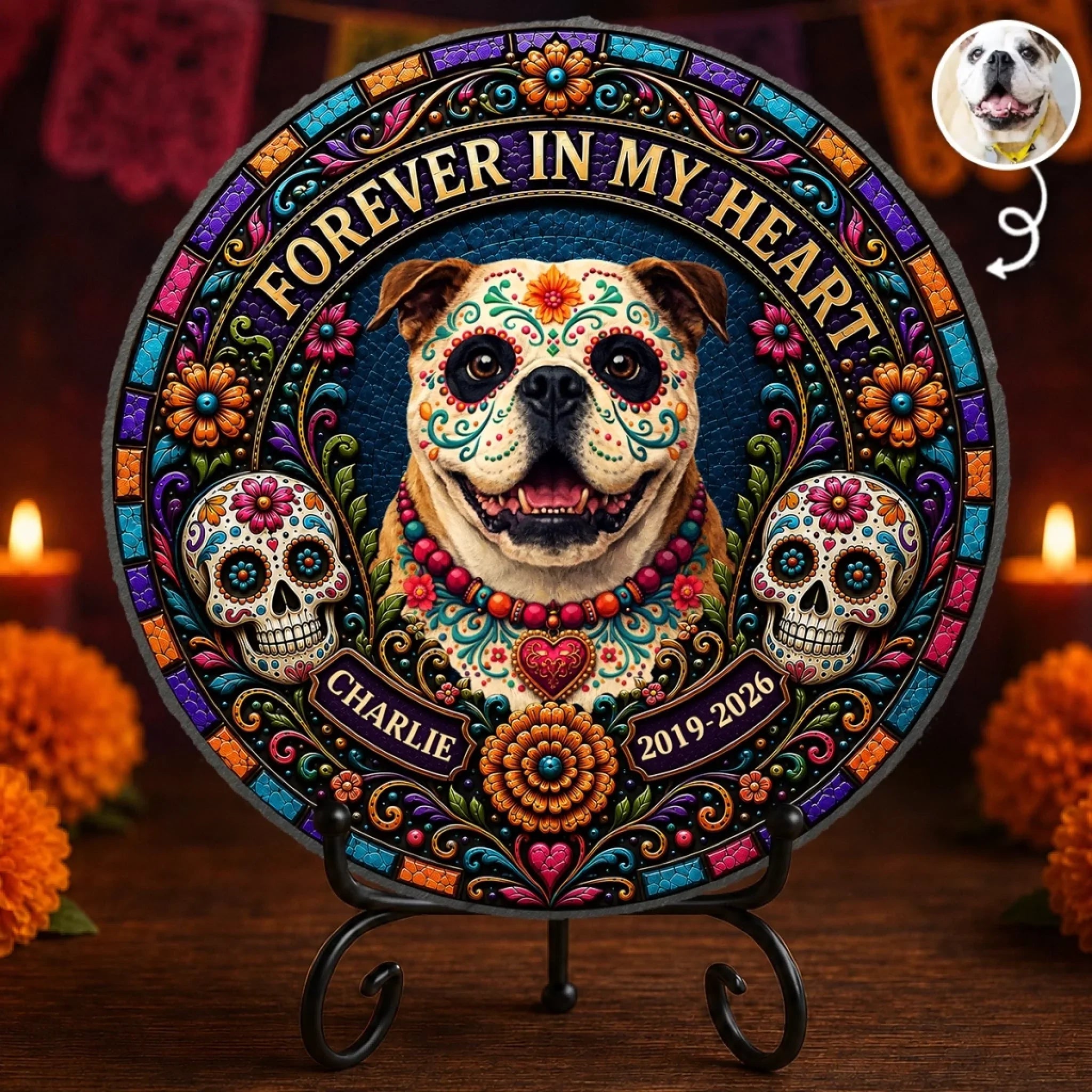 Custom Photo Day Of The Dead Round Shaped Stone With Stand - Personalized Pet Memorial Sympathy Gifts For Dogs, Cats - Forever My Angel Pup
