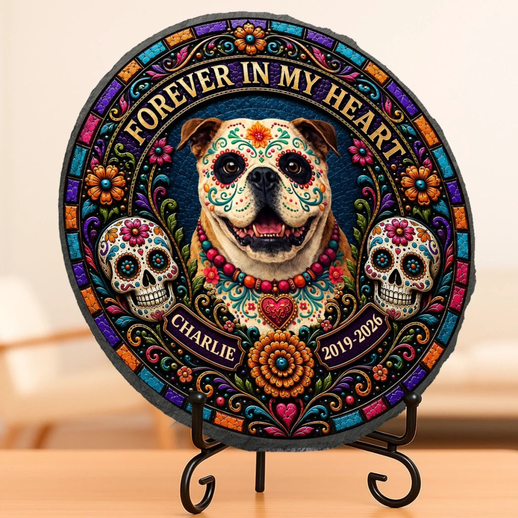 Custom Photo Day Of The Dead Round Shaped Stone With Stand - Personalized Pet Memorial Sympathy Gifts For Dogs, Cats - Forever My Angel Pup