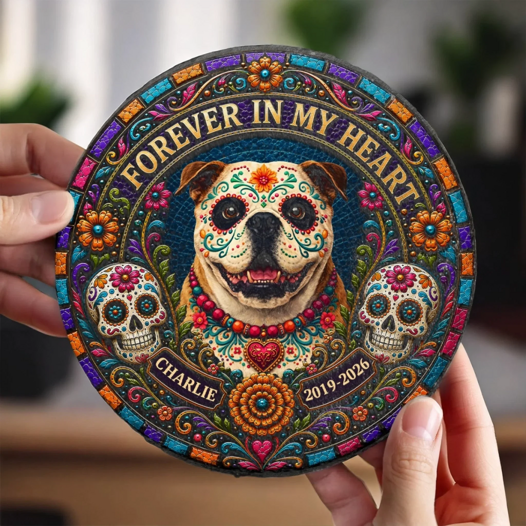 Custom Photo Day Of The Dead Round Shaped Stone With Stand - Personalized Pet Memorial Sympathy Gifts For Dogs, Cats - Forever My Angel Pup
