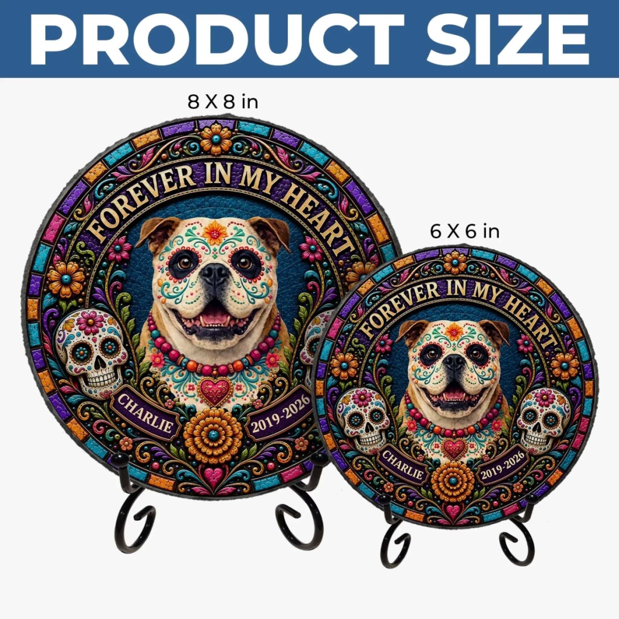 Custom Photo Day Of The Dead Round Shaped Stone With Stand - Personalized Pet Memorial Sympathy Gifts For Dogs, Cats - Forever My Angel Pup