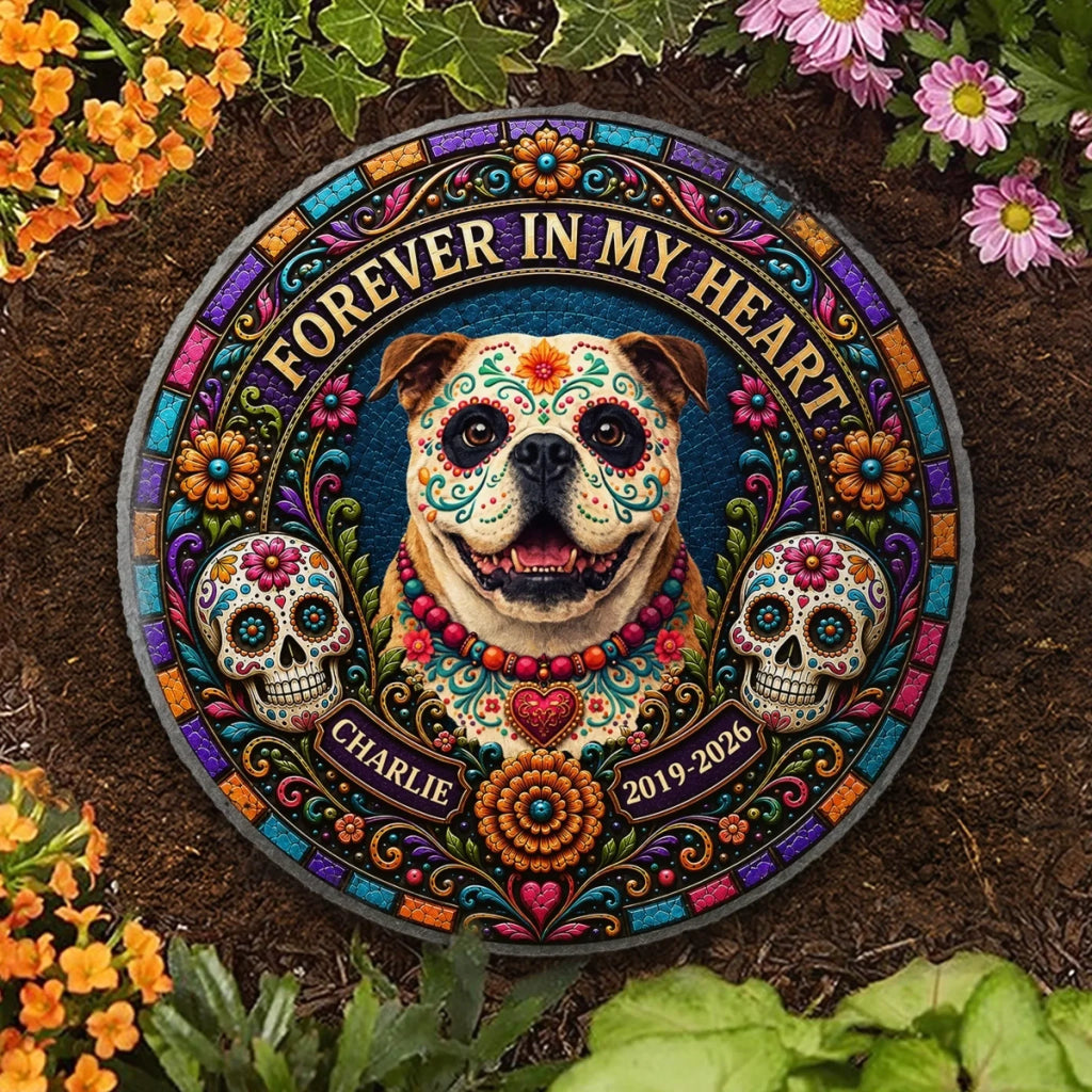 Custom Photo Day Of The Dead Round Shaped Stone With Stand - Personalized Pet Memorial Sympathy Gifts For Dogs, Cats - Forever My Angel Pup