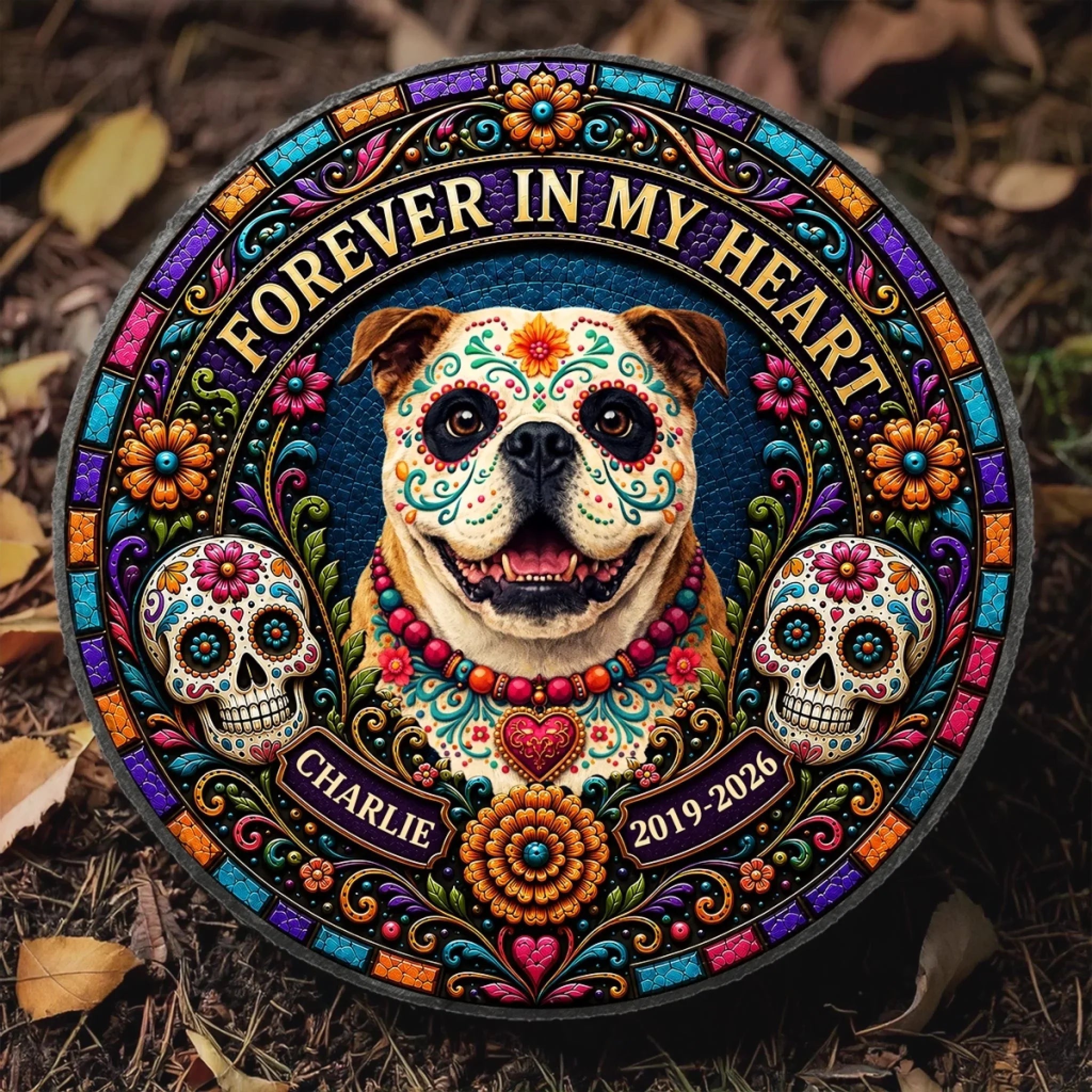Custom Photo Day Of The Dead Round Shaped Stone With Stand - Personalized Pet Memorial Sympathy Gifts For Dogs, Cats - Forever My Angel Pup