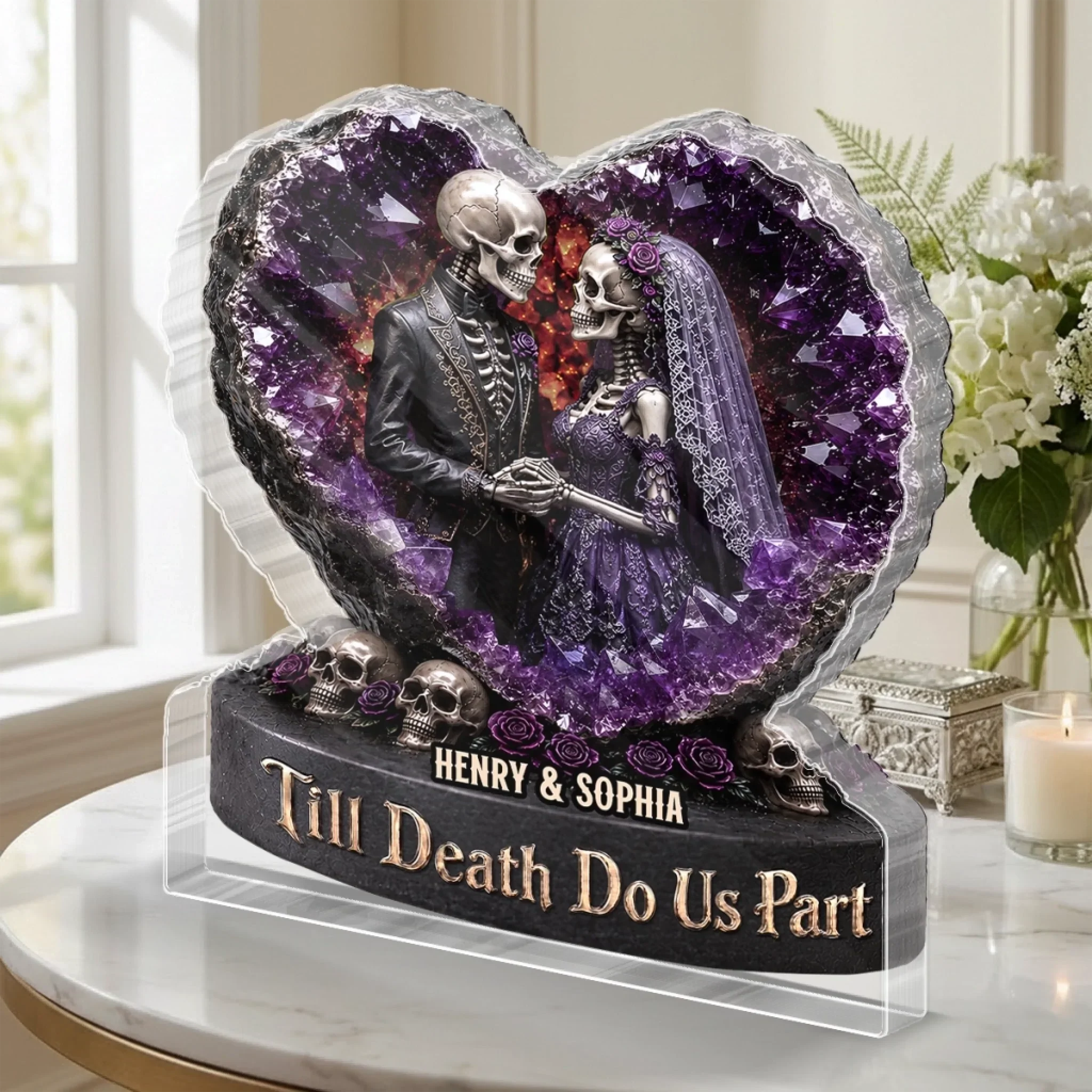 Custom Gothic Skeleton Acrylic Plaque - Personalized Halloween Decor, Anniversary Wedding Gifts For Husband And Wife, Him And Her - Hauntingly In Love