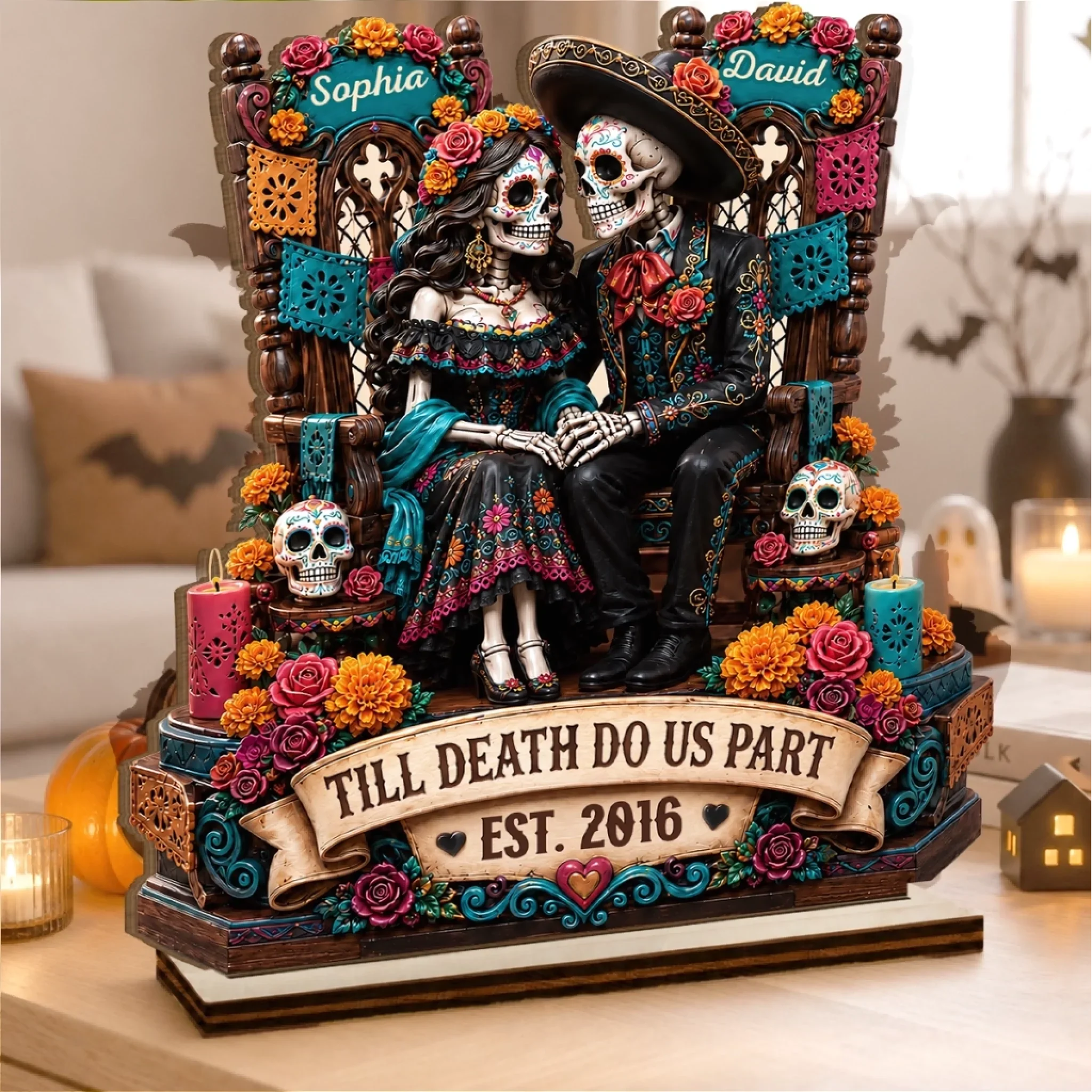 Custom Day Of The Dead 2-Layered Wooden Plaque - Personalized Halloween Decor, Anniversary Wedding Gifts For Husband And Wife, Him And Her - Eternal Skeletal Love