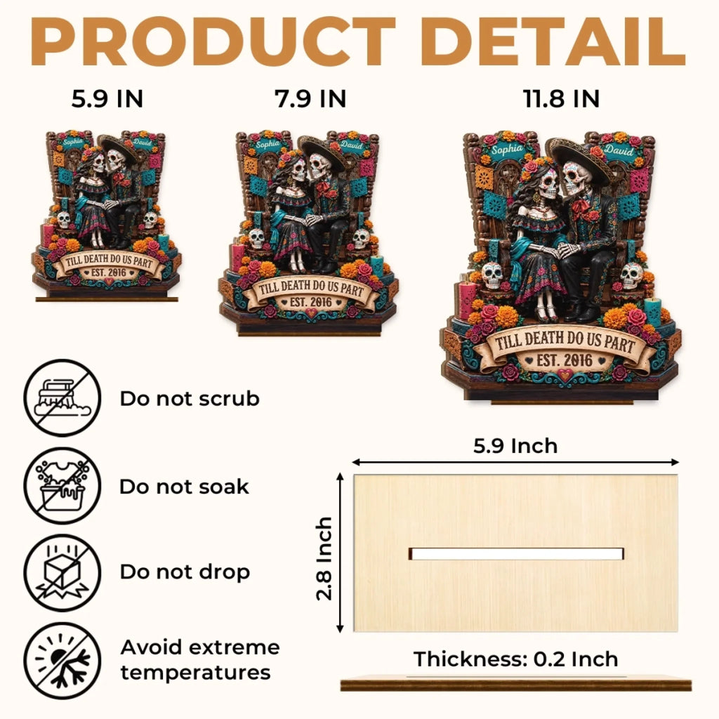 Custom Day Of The Dead 2-Layered Wooden Plaque - Personalized Halloween Decor, Anniversary Wedding Gifts For Husband And Wife, Him And Her - Eternal Skeletal Love