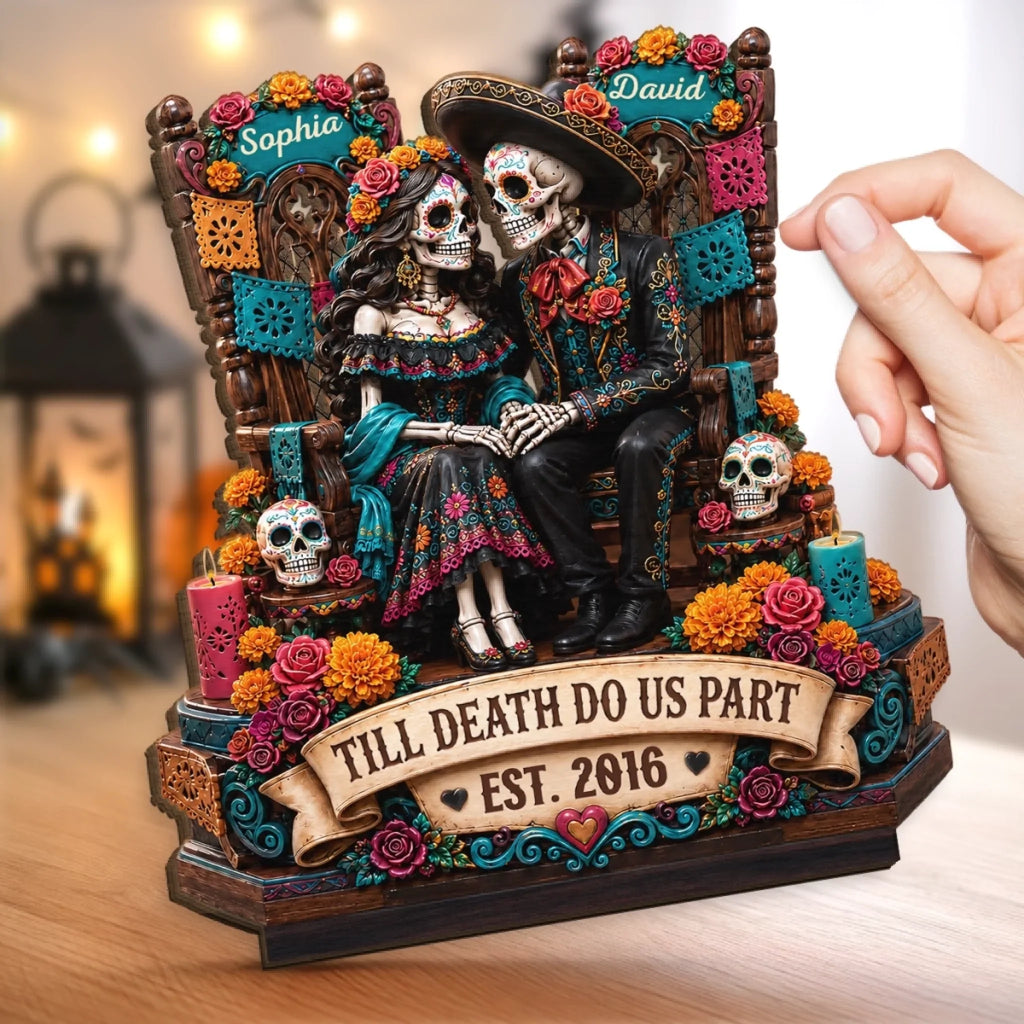 Custom Day Of The Dead 2-Layered Wooden Plaque - Personalized Halloween Decor, Anniversary Wedding Gifts For Husband And Wife, Him And Her - Eternal Skeletal Love