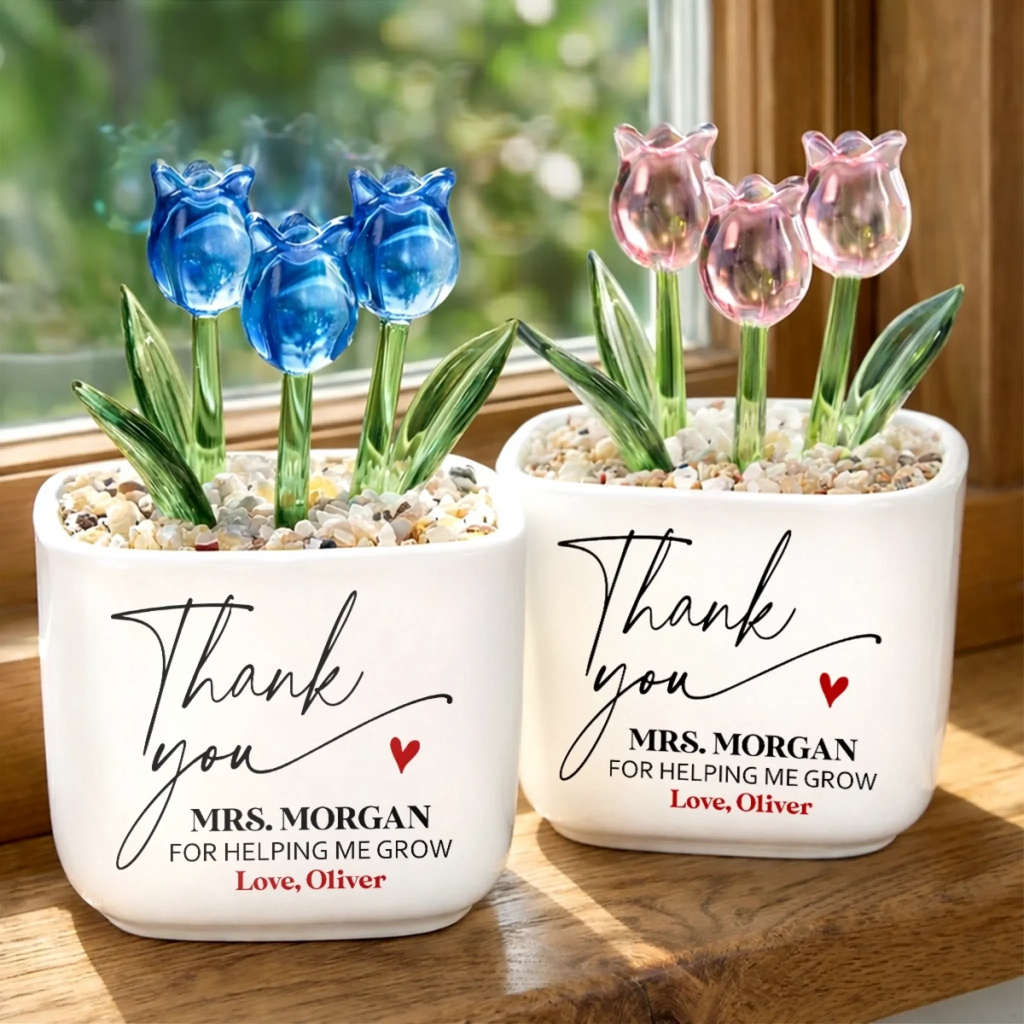 Custom Glass Everlasting Flowers - Personalized Teacher Appreciation, Back To School Gifts For Teachers - Thank You For Helping Me Bloom
