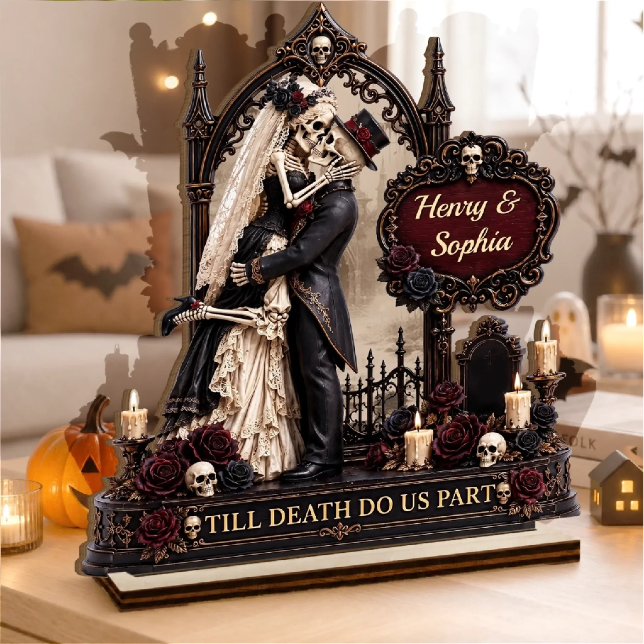 Custom Skeleton 2-Layered Wooden Plaque - Personalized Halloween Decor, Anniversary Wedding Gifts For Husband And Wife, Him And Her - Our Forever Gothic Love