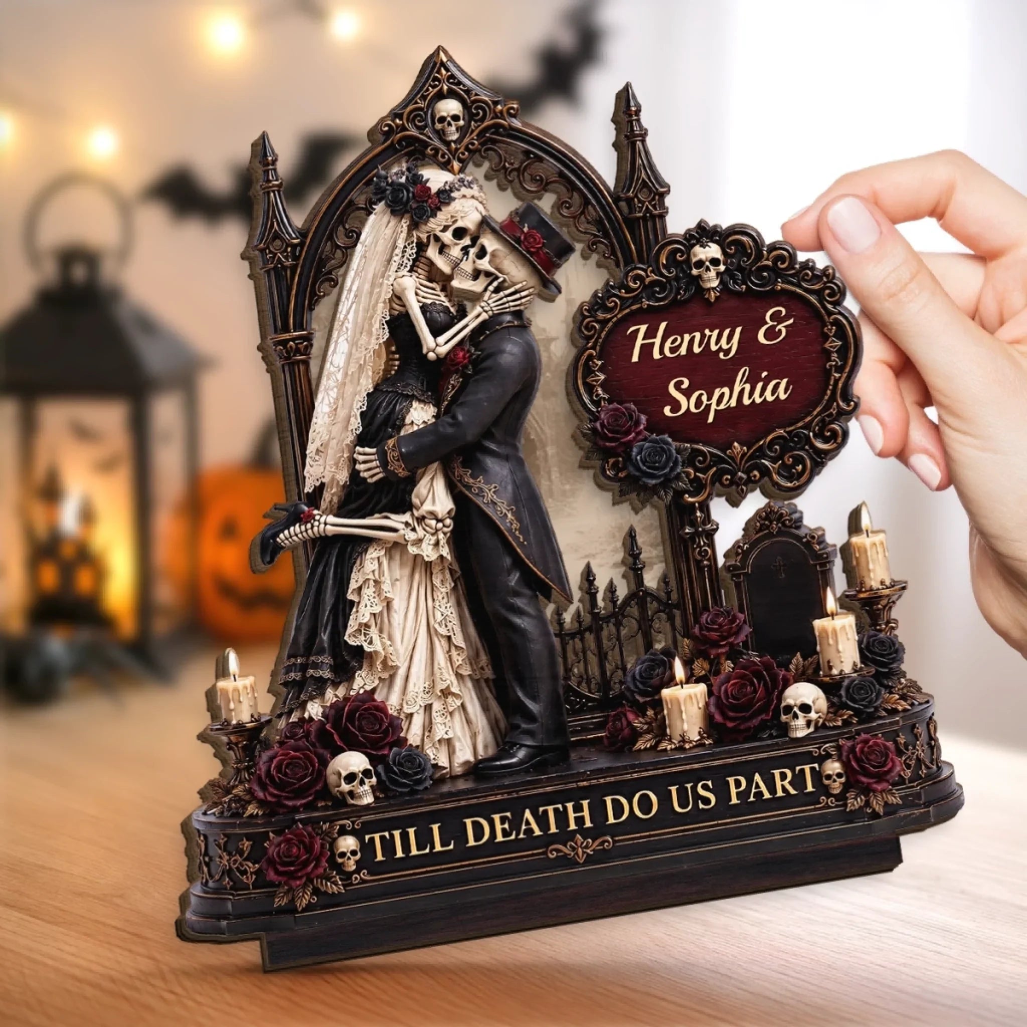Custom Skeleton 2-Layered Wooden Plaque - Personalized Halloween Decor, Anniversary Wedding Gifts For Husband And Wife, Him And Her - Our Forever Gothic Love