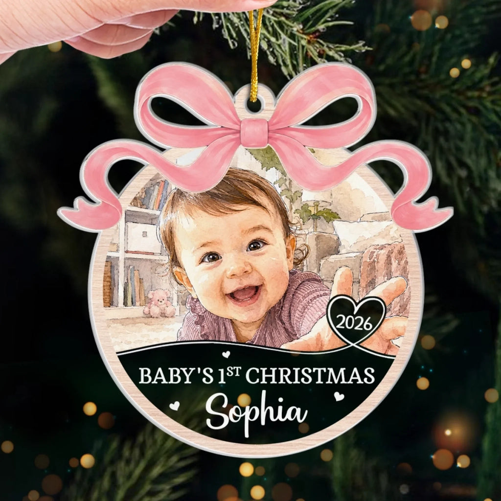 Custom Photo First Christmas Acrylic Ornament - Personalized Christmas Baby Shower, Gender Reveal Gifts For New Moms, New Dads, New Parents - Merry First Christmas Little One