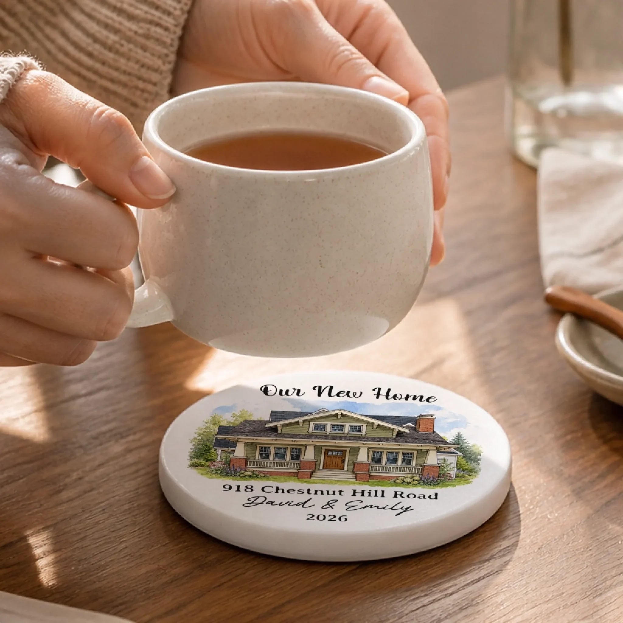Custom Photo New Home Ceramic Coaster - Personalized Anniversary Christmas Wedding Gifts For Husband And Wife, Him And Her - A Fresh Place To Grow