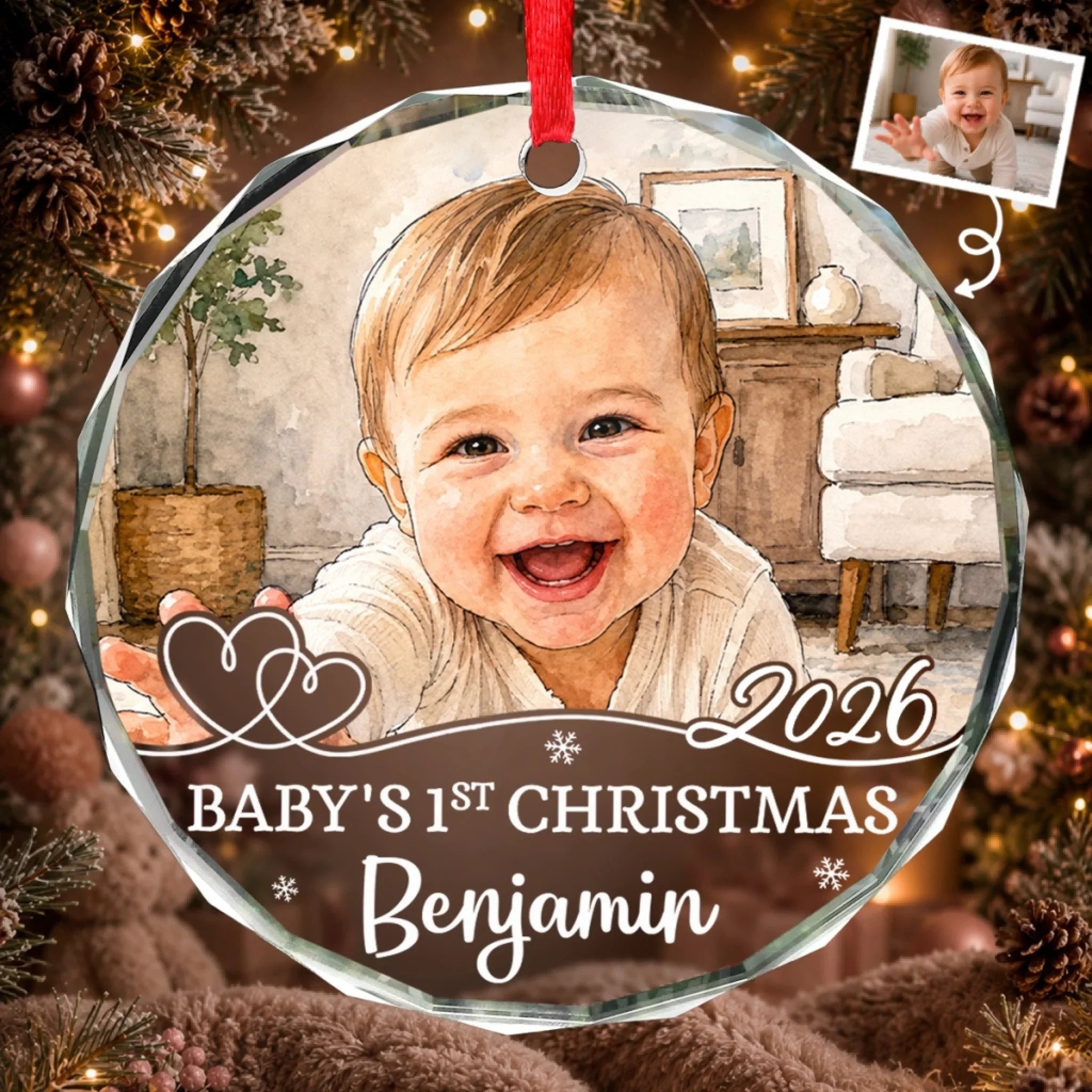 Custom Photo First Christmas Circle Glass Ornament - Personalized Christmas Baby Shower, Gender Reveal Gifts For New Moms, New Dads, New Parents - Little Joy Big Love
