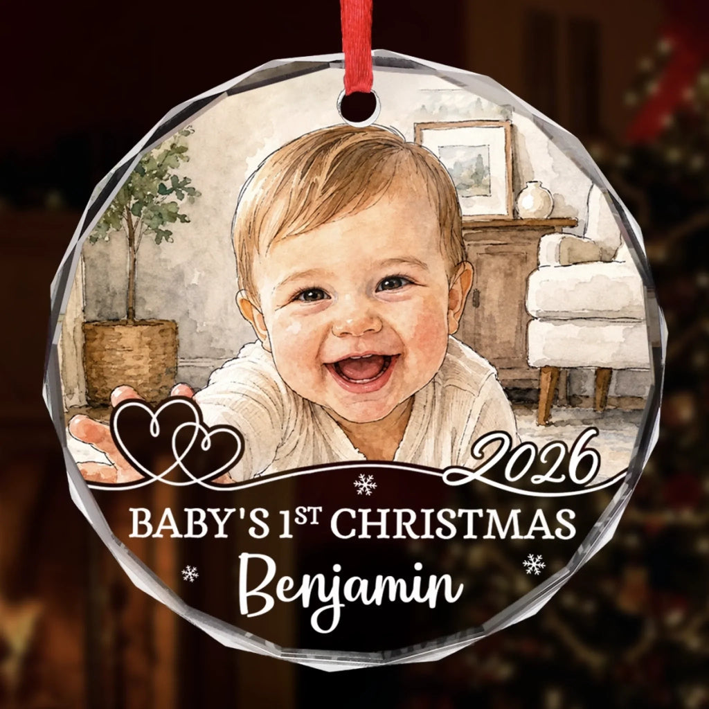 Custom Photo First Christmas Circle Glass Ornament - Personalized Christmas Baby Shower, Gender Reveal Gifts For New Moms, New Dads, New Parents - Little Joy Big Love